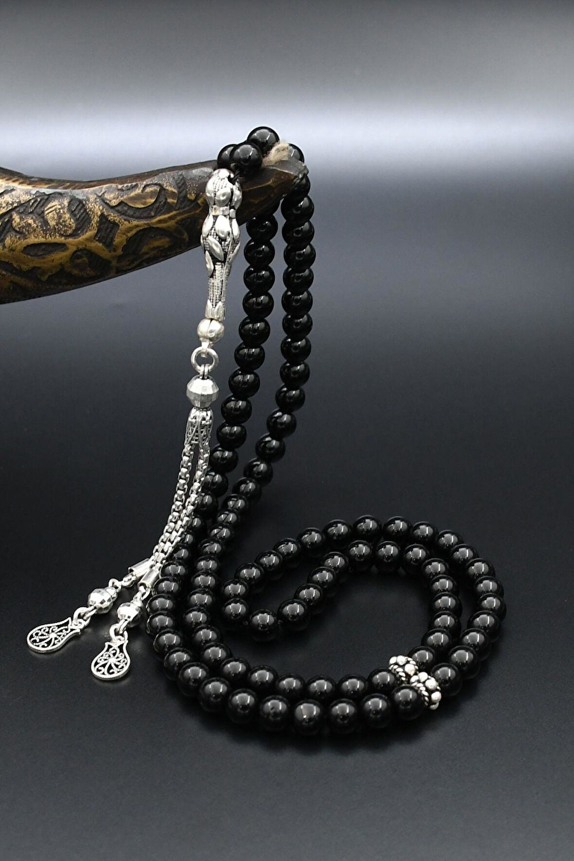 Doğal Oniks Taşlı 33'lük Tesbih 925 Ayar Gümüş Püsküllü 6mm Küre Kesim 902230