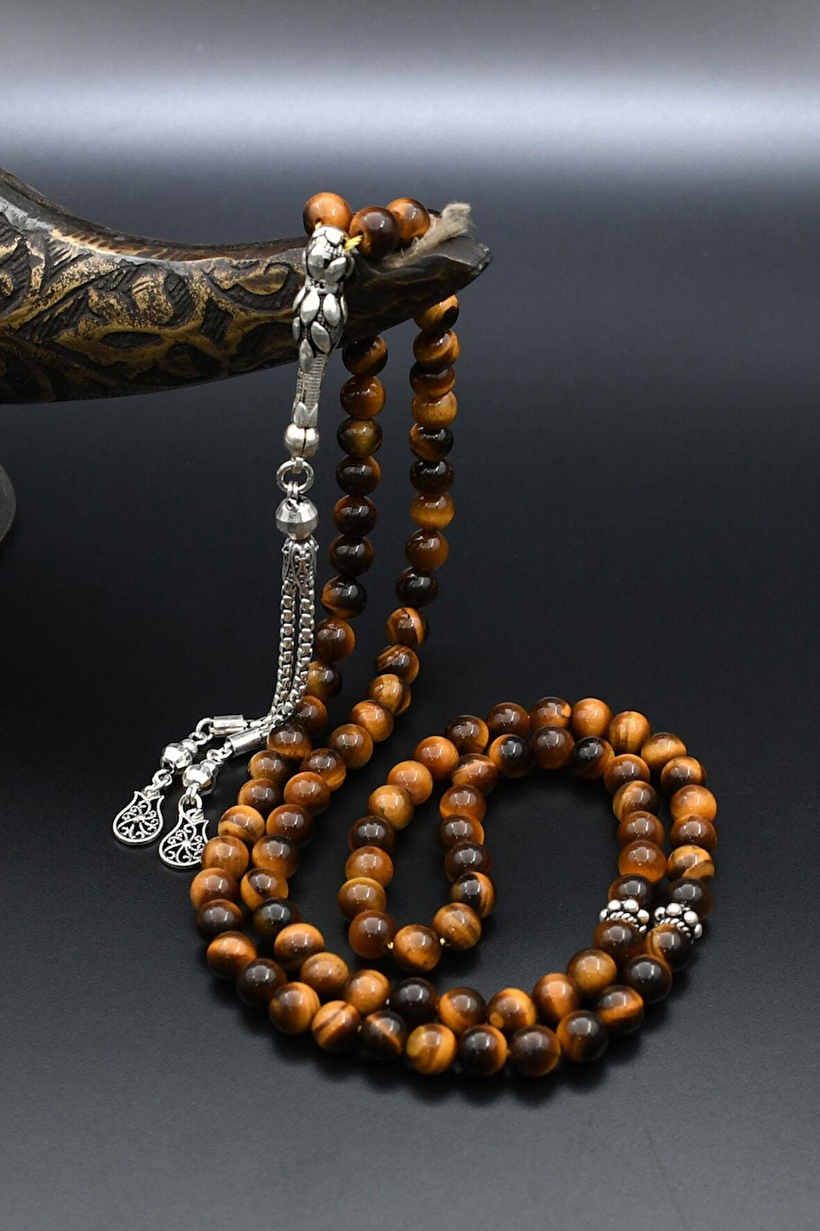 Kaplan Gözü Taşlı 99'lük Tesbih Doğal 925 Ayar Gümüş Püsküllü 6 mm Küre Kesim 902231