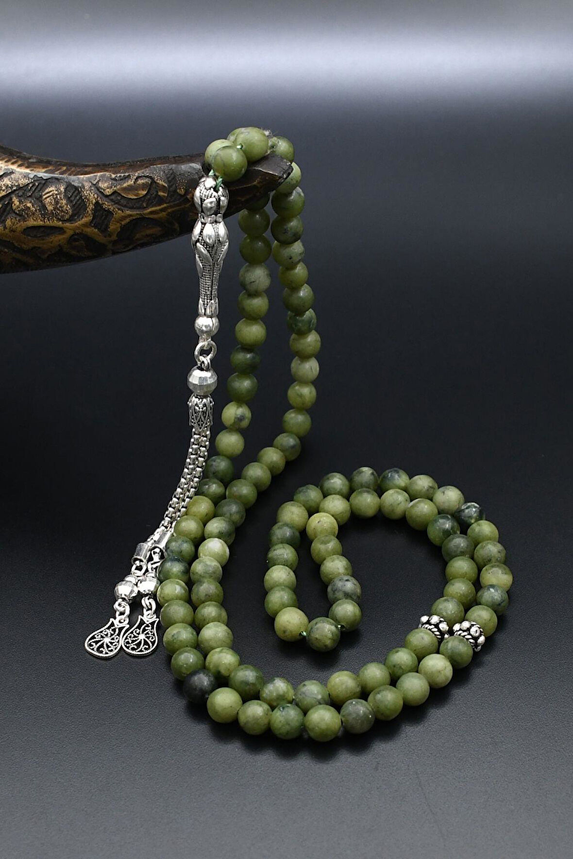 Doğal yeşim Taşlı Tesbih 99'lük 925 Ayar Gümüş Püsküllü 6mm Küre Kesim 902233