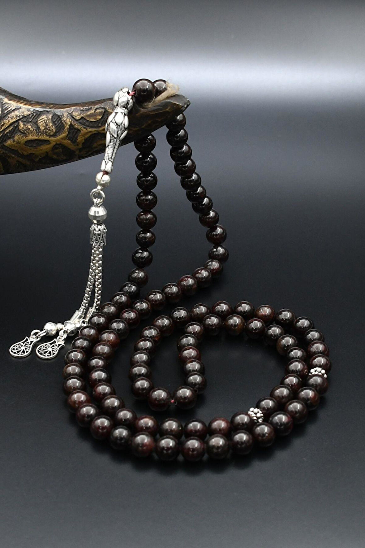 Doğal Garnet Taşlı 99'lük Tesbih 925 Ayar Gümüş 6Mm Küre Kesim 902235