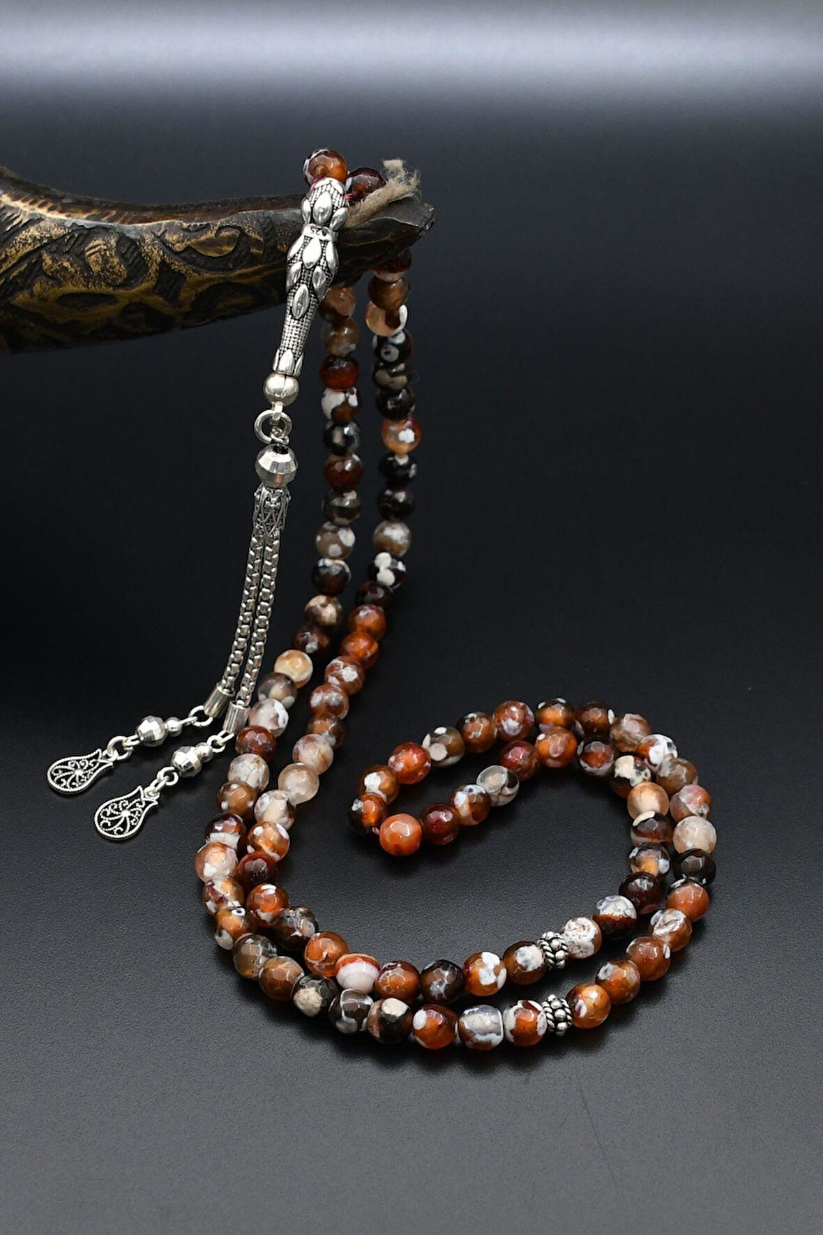 Doğal Damarlı Akik Taşlı 99'lük Tesbih 925 Ayar Gümüş Püsküllü 6mm Küre Kesim 902236