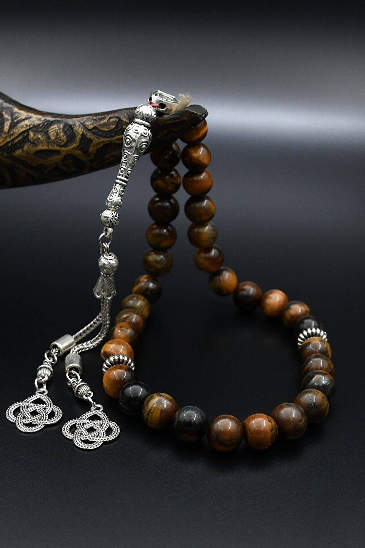 Doğal Kaplan Gözü Taşlı 33'lük Tesbih Metal Püsküllü 10mm Küre Kesim 902239