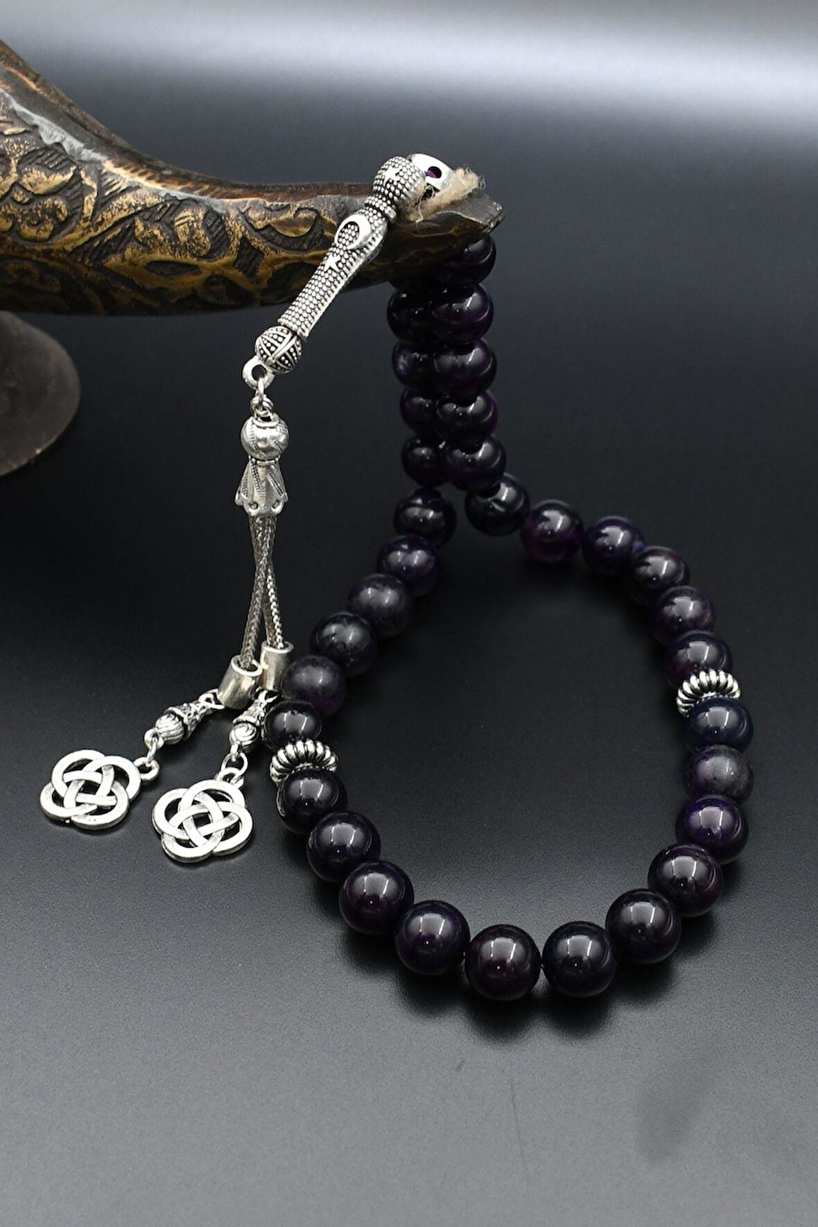 Doğal Ametist Taşlı 33'lük Tesbih Metal Püsküllü 10mm Küre Kesim 902243