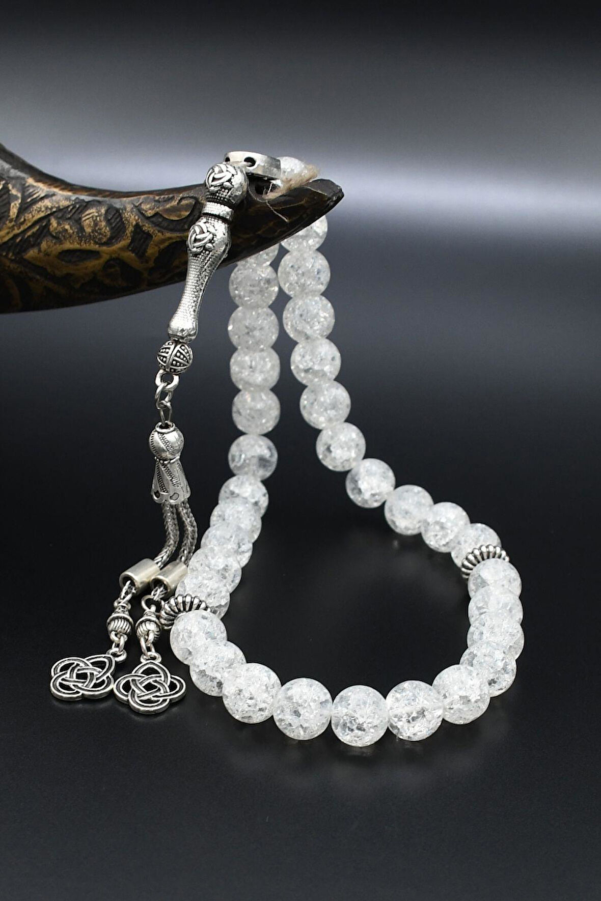 Beyaz Zirkon Taşlı 33'lük Tesbih Metal Püsküllü 10mm Küre Kesim 902248