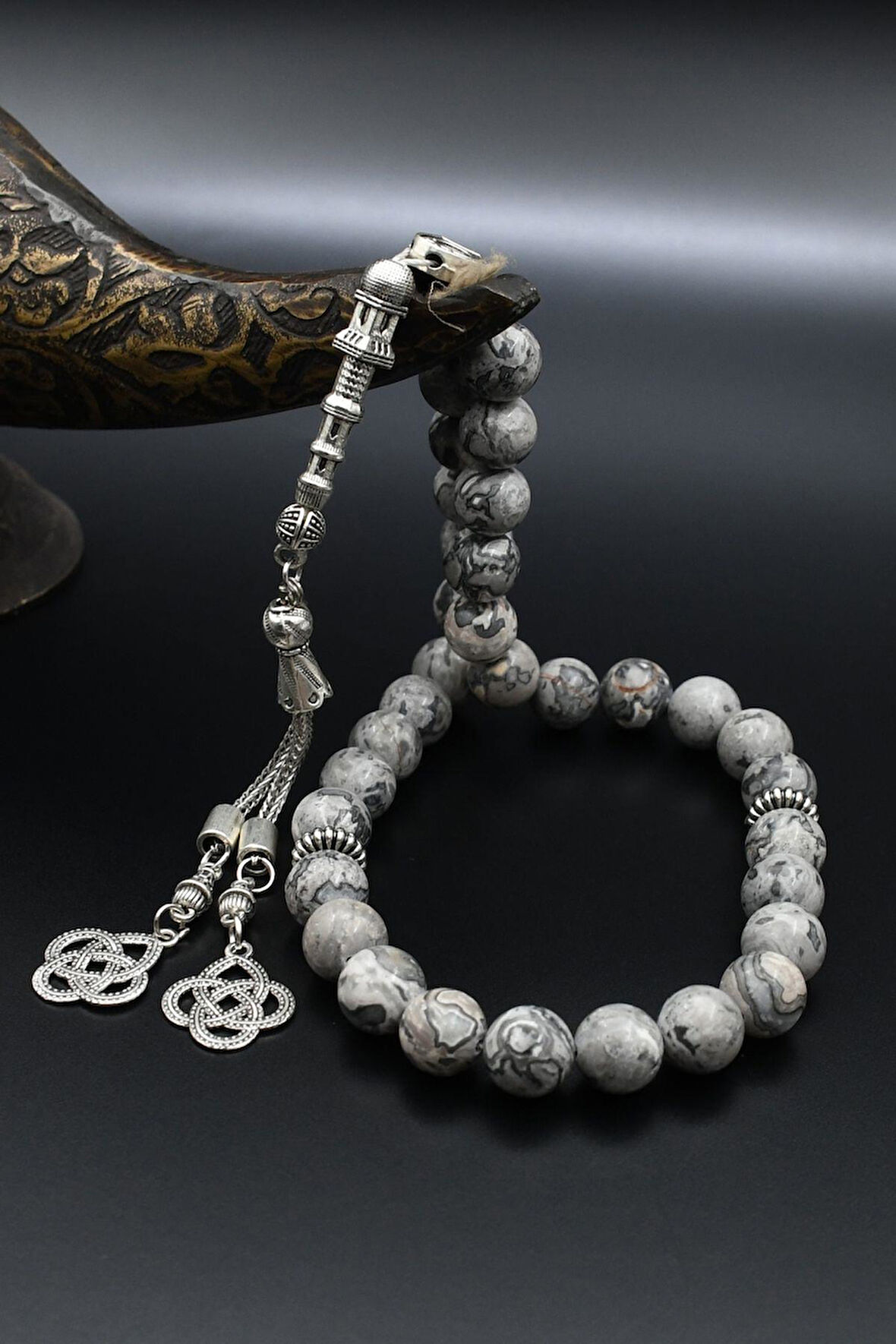 Doğal Gri Jasper Taşlı 33'lük Tesbih Metal Püsküllü 10mm Küre Kesim 902251