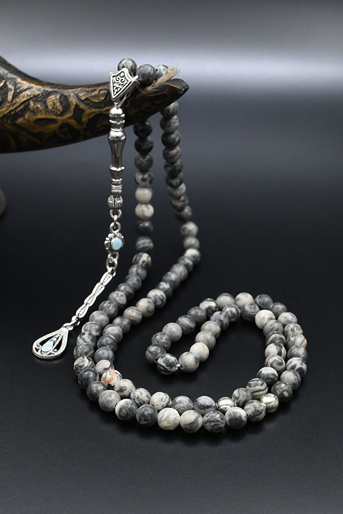 Doğal Gri Jasper Taşlı 99'lük Tesbih Metal Püsküllü 6mm Küre Kesim 902265