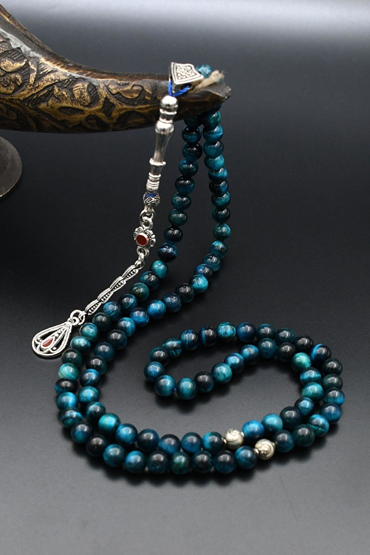 Doğal Mavi Kaplan Gözü Taşlı 99'lük Tesbih Metal Püsküllü 6mm Küre Kesim 902268