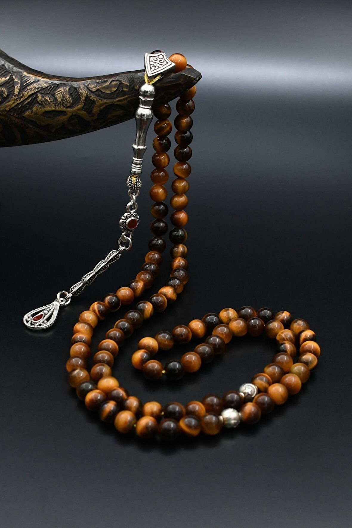 Doğal Kaplan Gözü Taşlı 99'lük Tesbih Metal Püsküllü 6mm Küre Kesim 902277