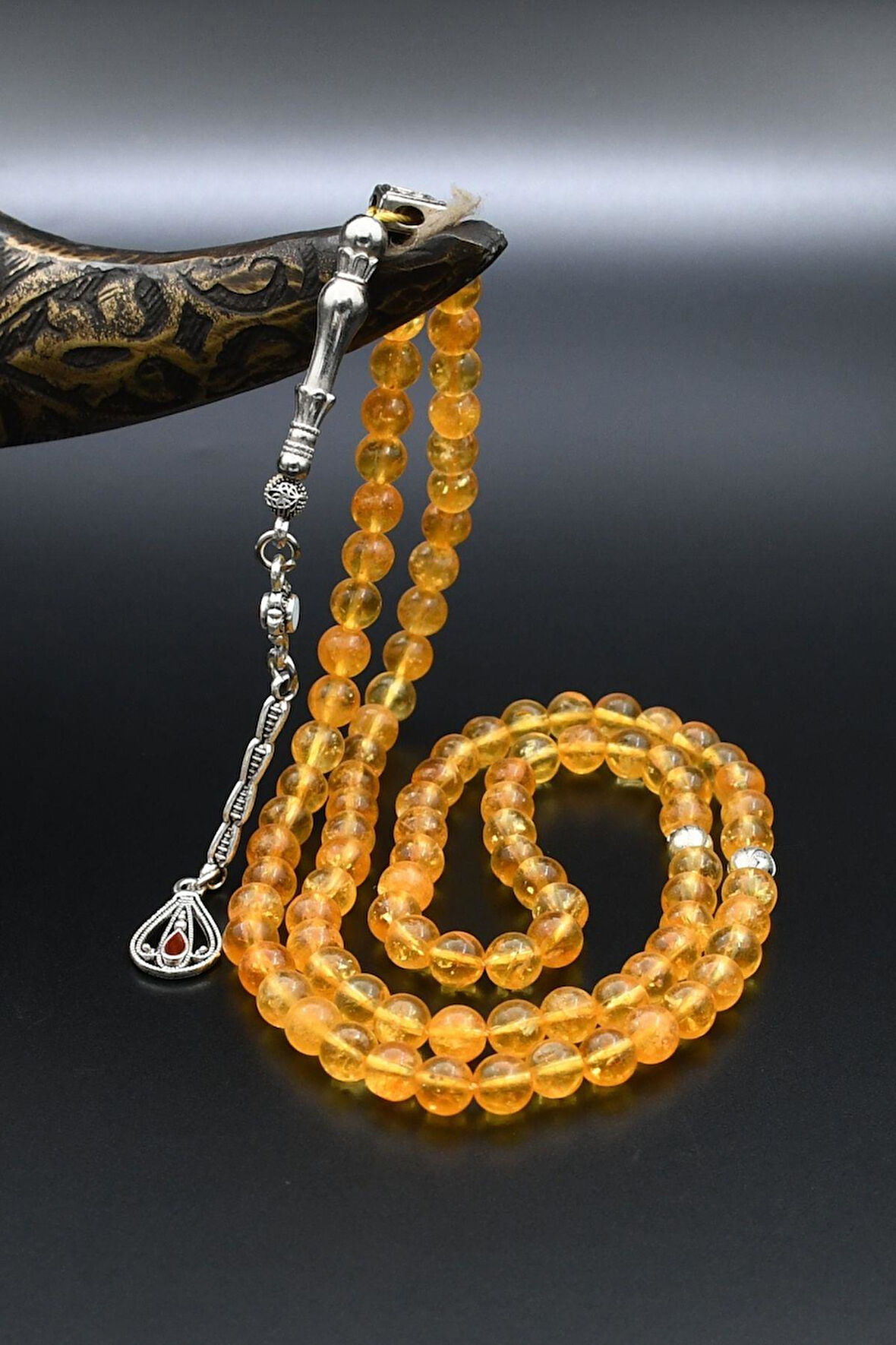 Doğal Sitrin Taşlı 99'lük Tesbih Metal Püsküllü 6mm Küre Kesim 902278