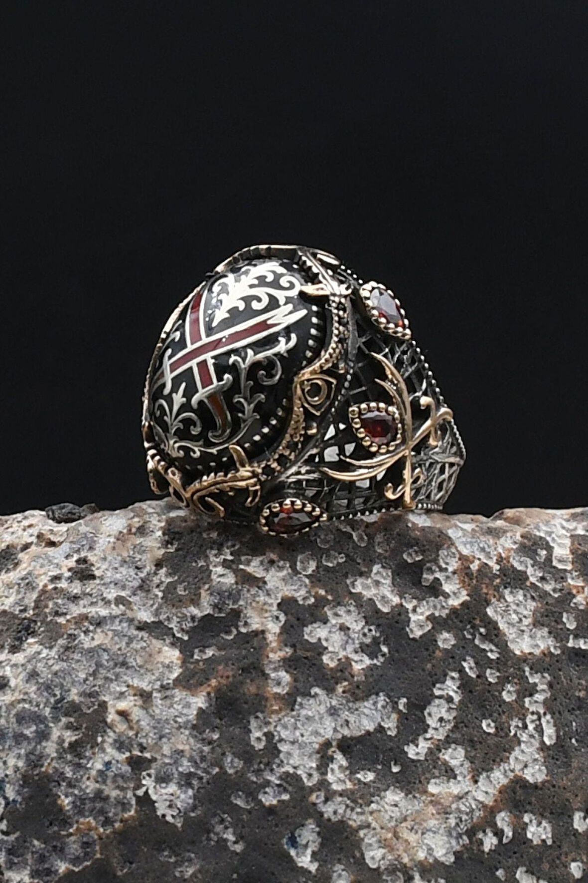 Özel Tasarım Hz. Ali Zülfikar Kılıcı ve Hz. Süleyman Mührü 925 Ayar Gümüş Erkek Yüzüğü 902315