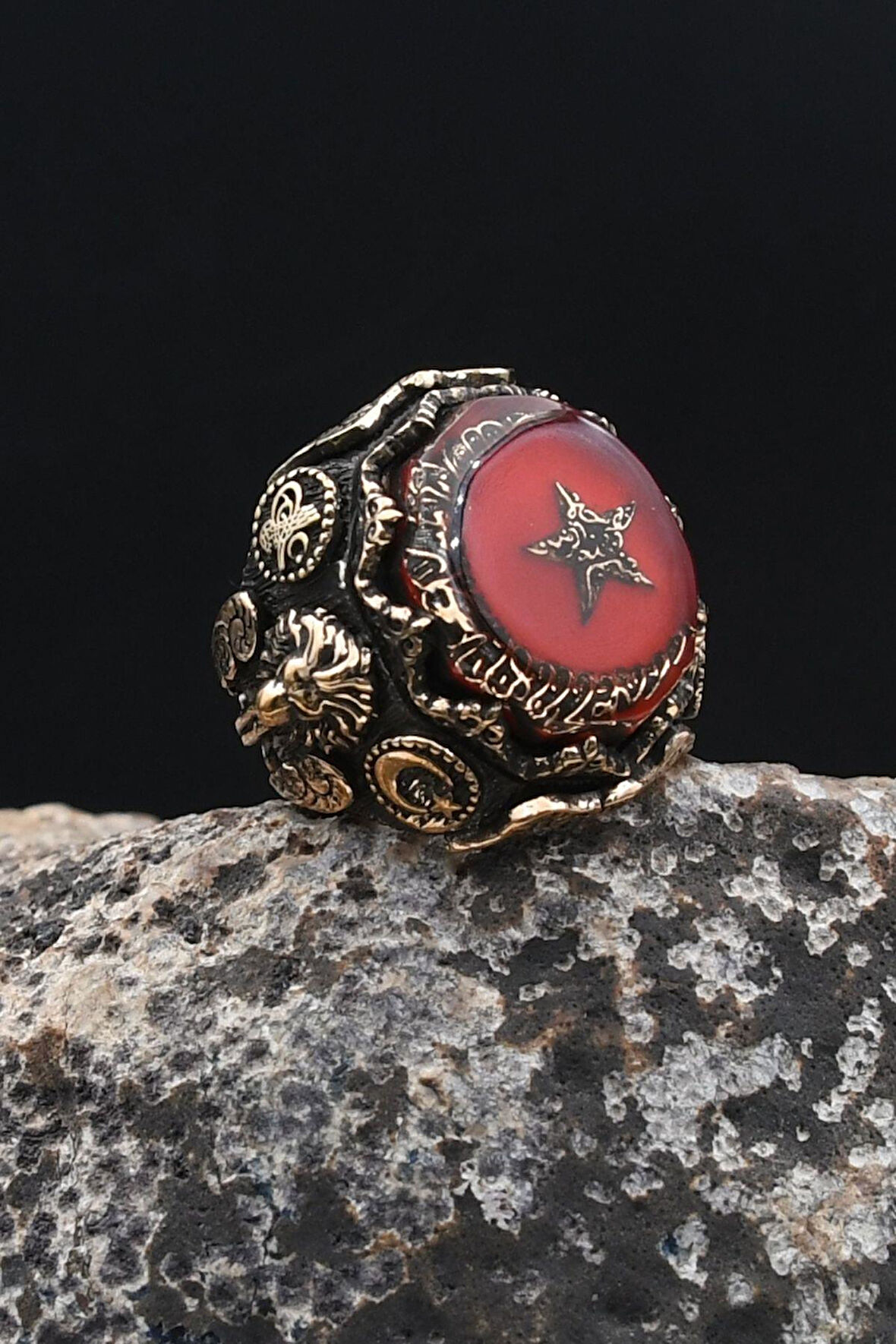 Özel Tasarım Ay Yıldızlı -Osmanlı Tuğralı-Aslan Figürlü-Kelime-i Tevhid Yazlı 925 Ayar Gümüş Erkek yüzük 902316