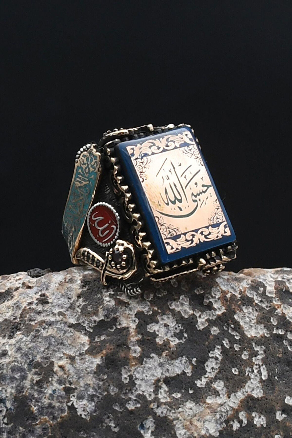 Özel Tasarım Hasbiyallah ve Kelime-i Tevhid ve Allah ve Muhammed Yazılı 925 Gümüş Erkek Yüzük 902317