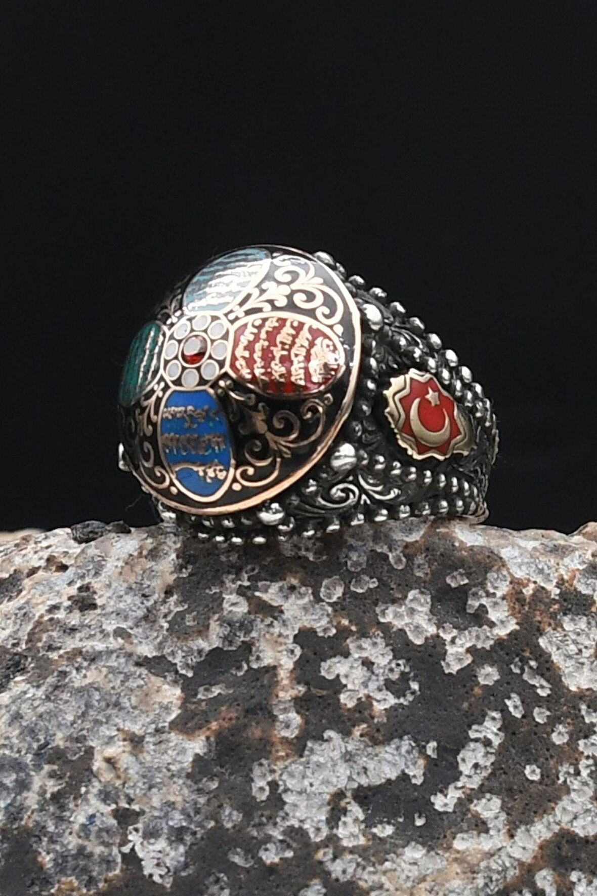 Özel Tasarım Nas Ve Felak Ve Ihlas Sureleri Mineli Ay Yıldızlı - Ay Yıldız Figürlü 925 Ayar Gümüş Erkek Yüzüğü 902330