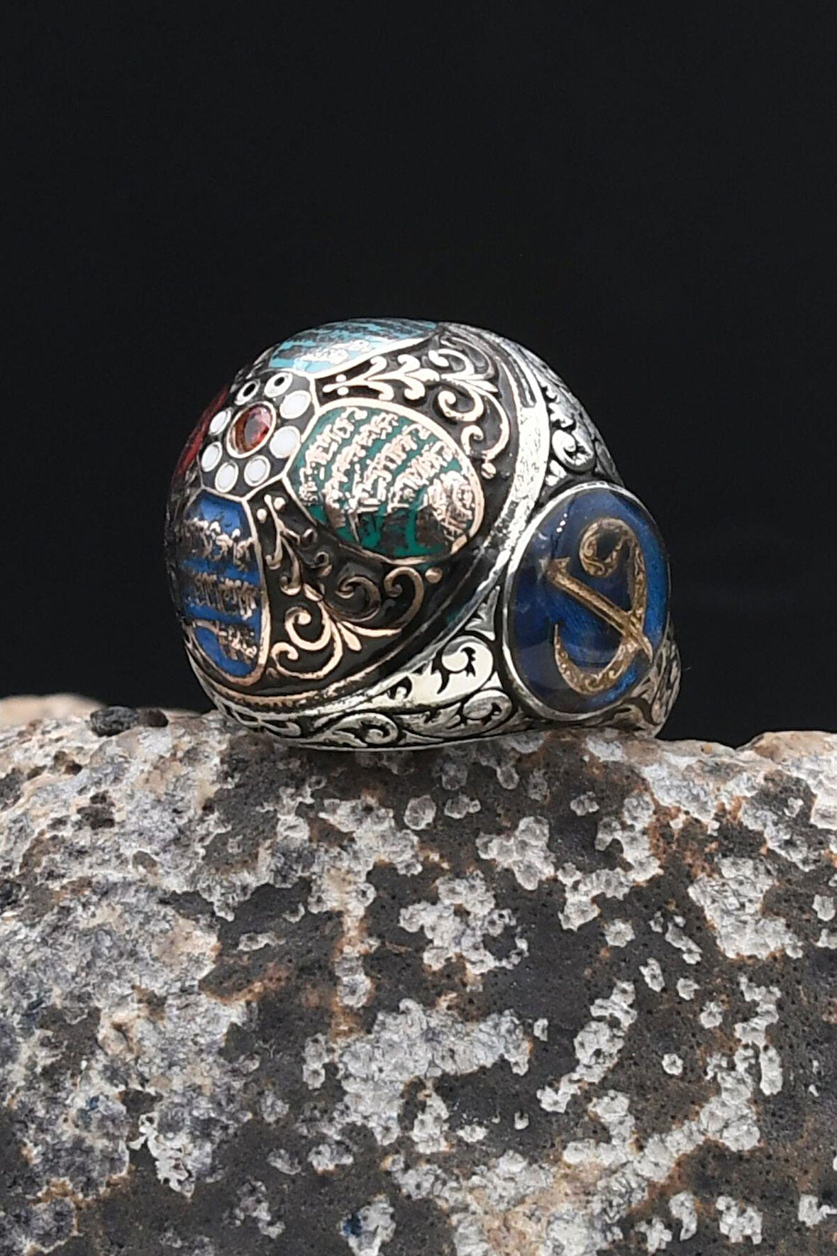 Özel Tasarım Nas Ve Felak Ve Ihlas Sureleri Mineli Vav Elif İşlemeli 925 Ayar Gümüş Erkek Yüzüğü 902337