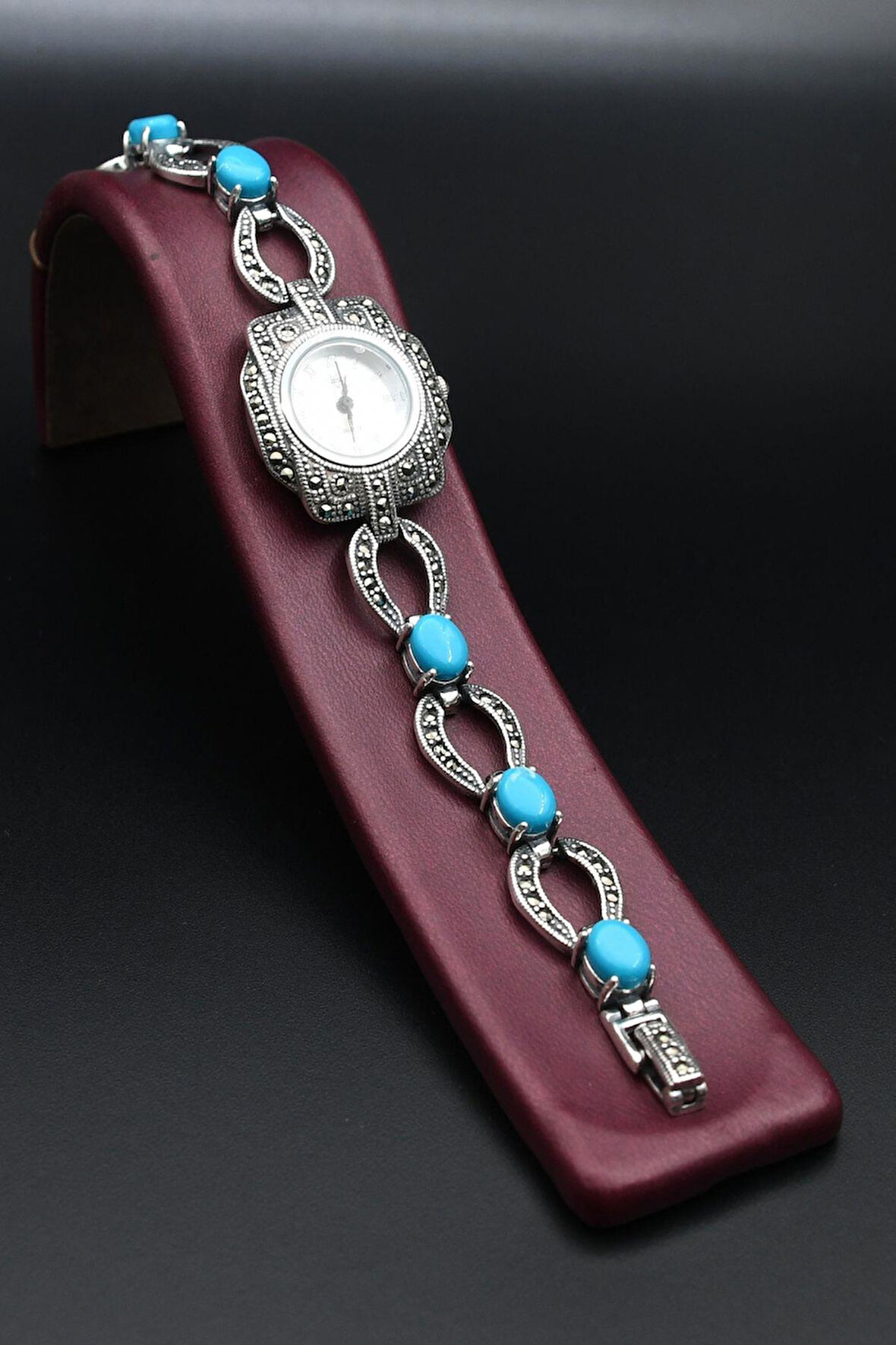 925 Ayar Gümüş Kadın Saati (Kadın Gümüş Saat) Markazit ve Turkuaz Firuze Taşlı 902377