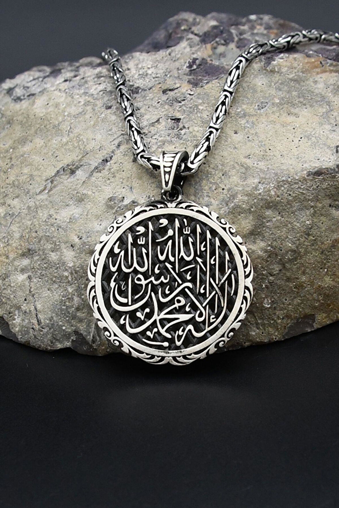 Kelime-i Tevhid Yazlı 925 Ayar Gümüş Kolye Kral Zincir 2Mm 902424