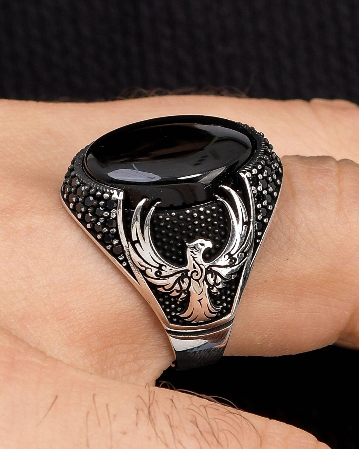 925 Ayar Gümüş Erkek Yüzüğü Oniks Taşlı Anka kuşu Figürlü