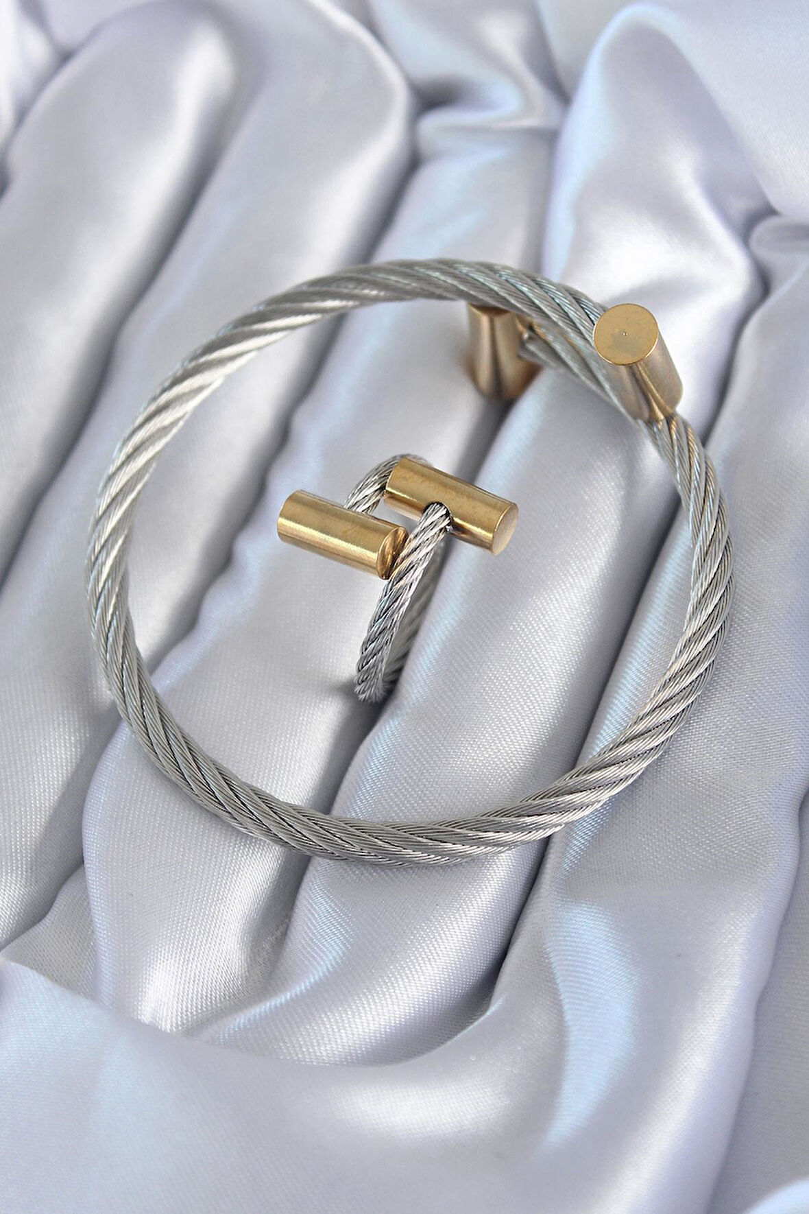 316L Çelik Gümüş Renk Gold Detay Sarmal Model Erkek Bileklik Yüzük Kombini  - PRT3500EB00719