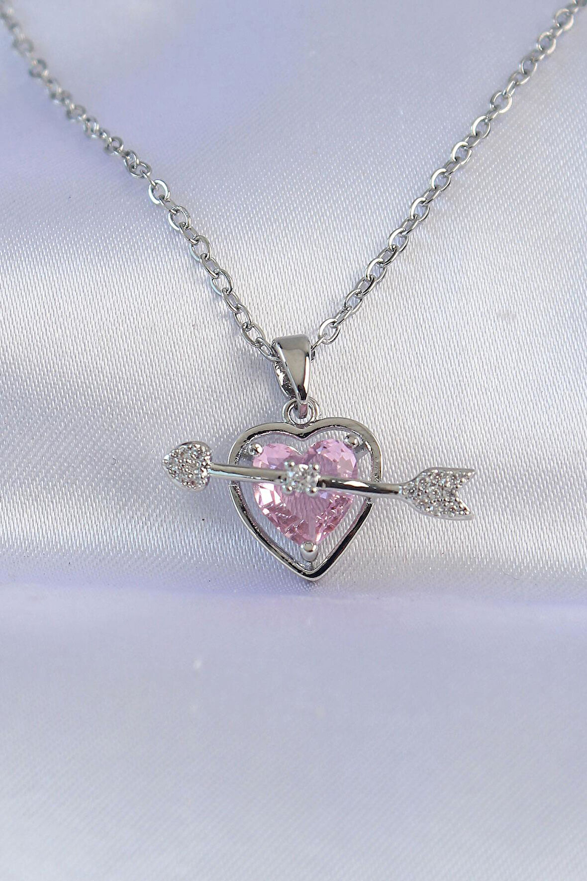316L Çelik Zincir Gümüş Renk Pembe Zirkon Taşlı Eros Kolye  - PRT3500EB01623