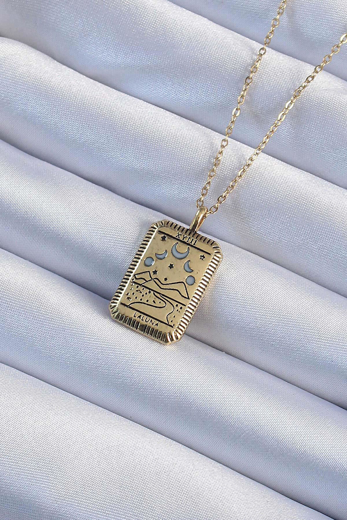 316L Çelik Zincir Eskitme Altın Renk Ay Figürlü Tarot Kolye  - PRT3500EB02349