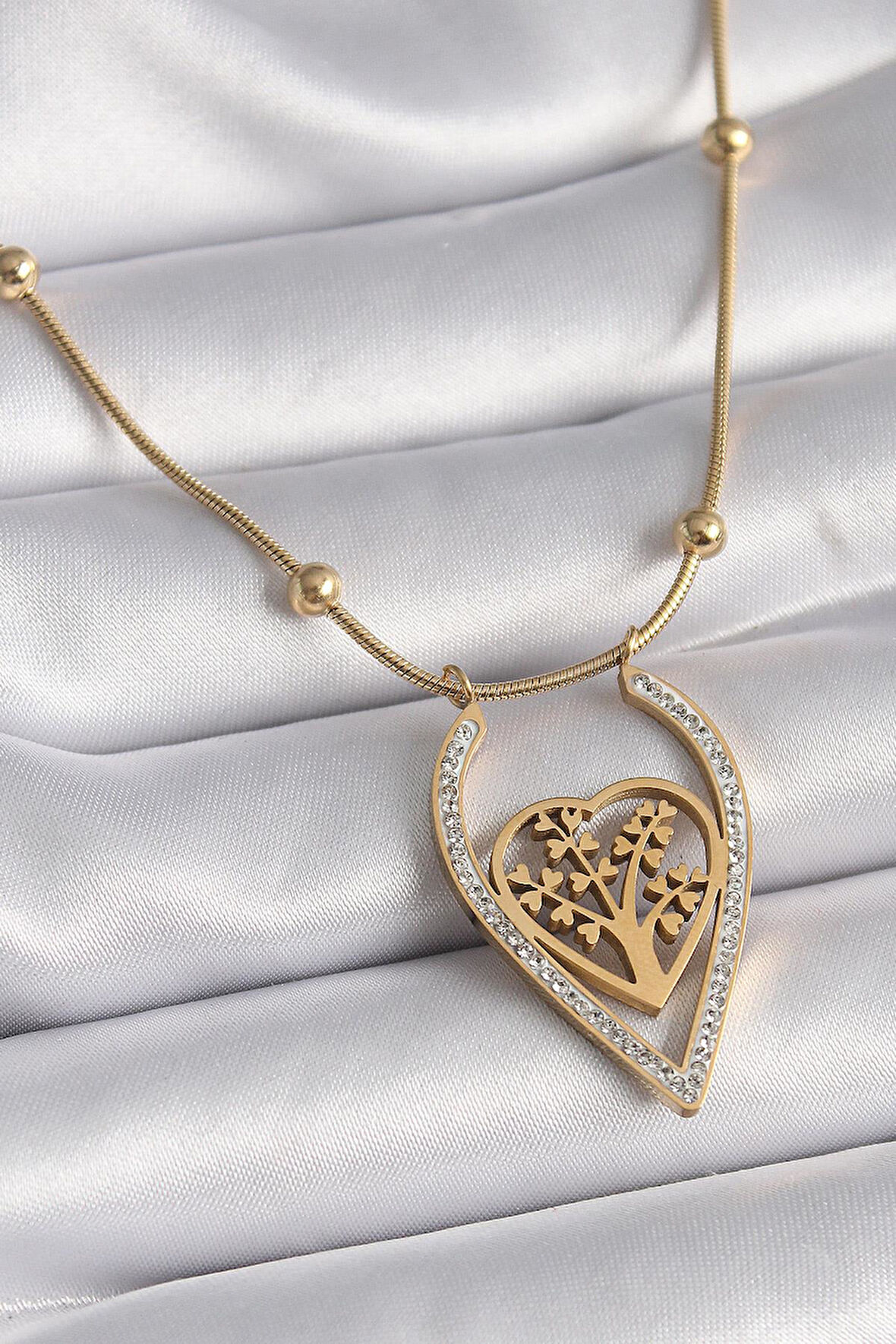 316L Çelik Gold Renk Zirkon Taşlı Detaylı Kalp Fidan Model Kadın Kolye  - PRT3500EB02643