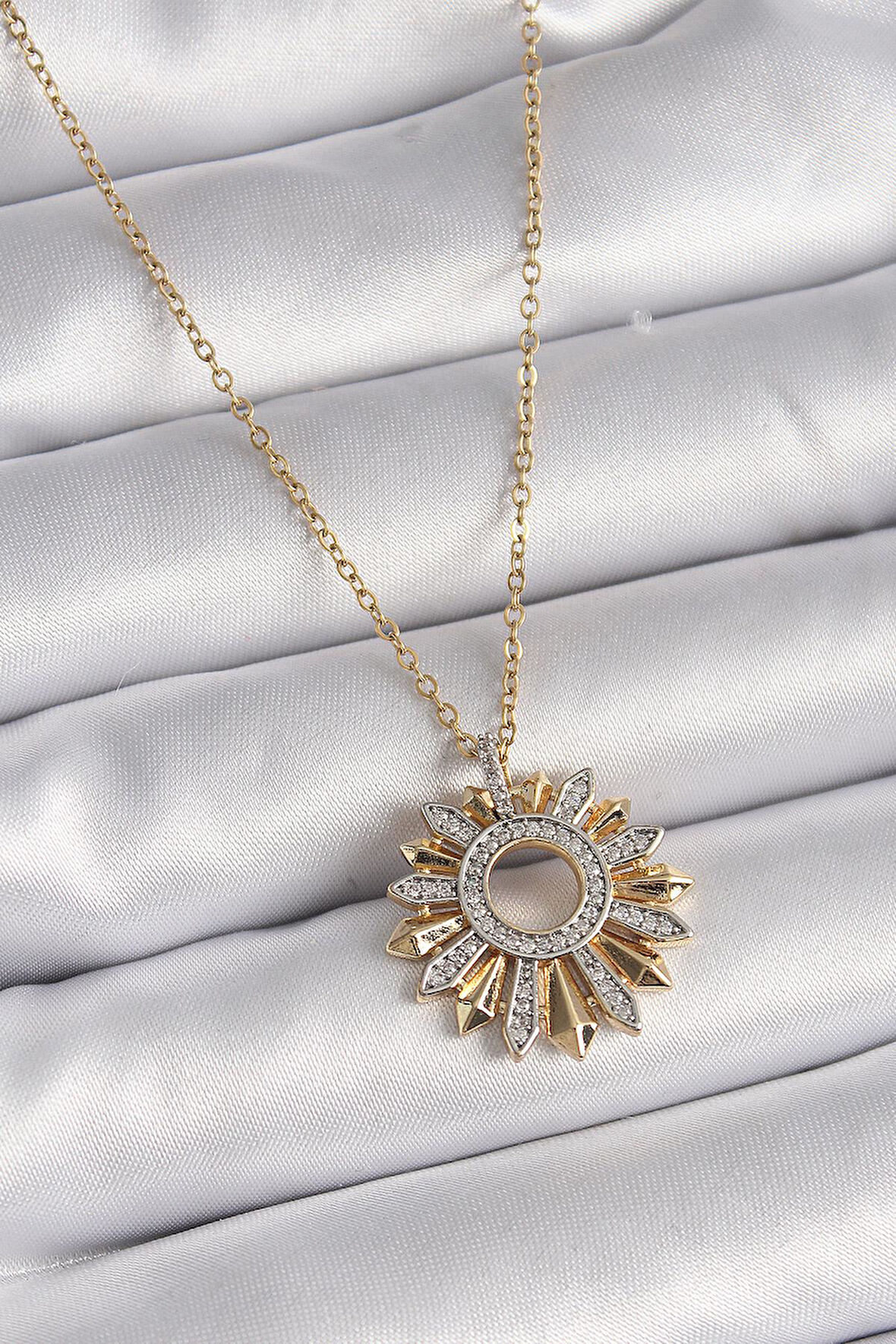 316L Çelik Gold Renk Zincir Zirkon Taşlı Mix Renk Güneş Model Kadın Kolye  - PRT3500EB02818