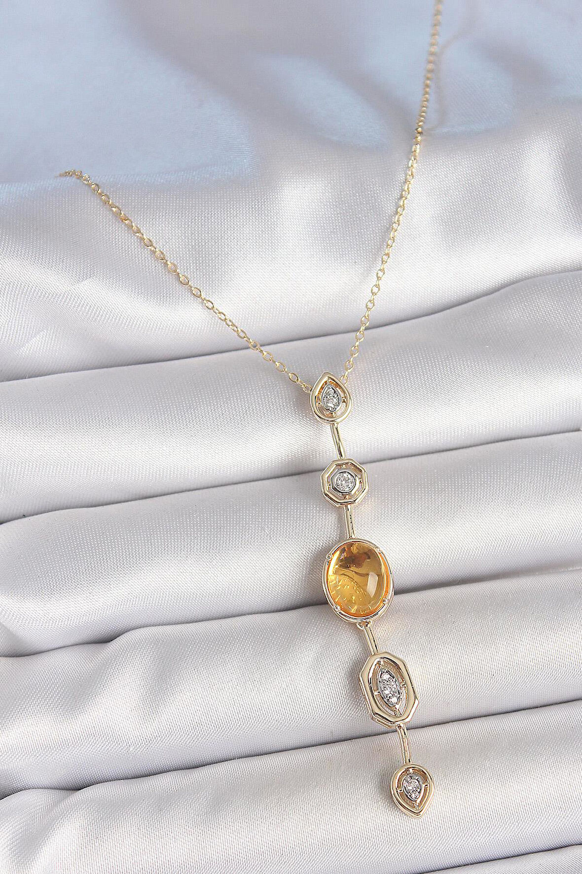 Pirinç Zincir Kehribar Sarı Gold Renk  Zirkon Taşlı Y Kolye  - PRT3500EB06165
