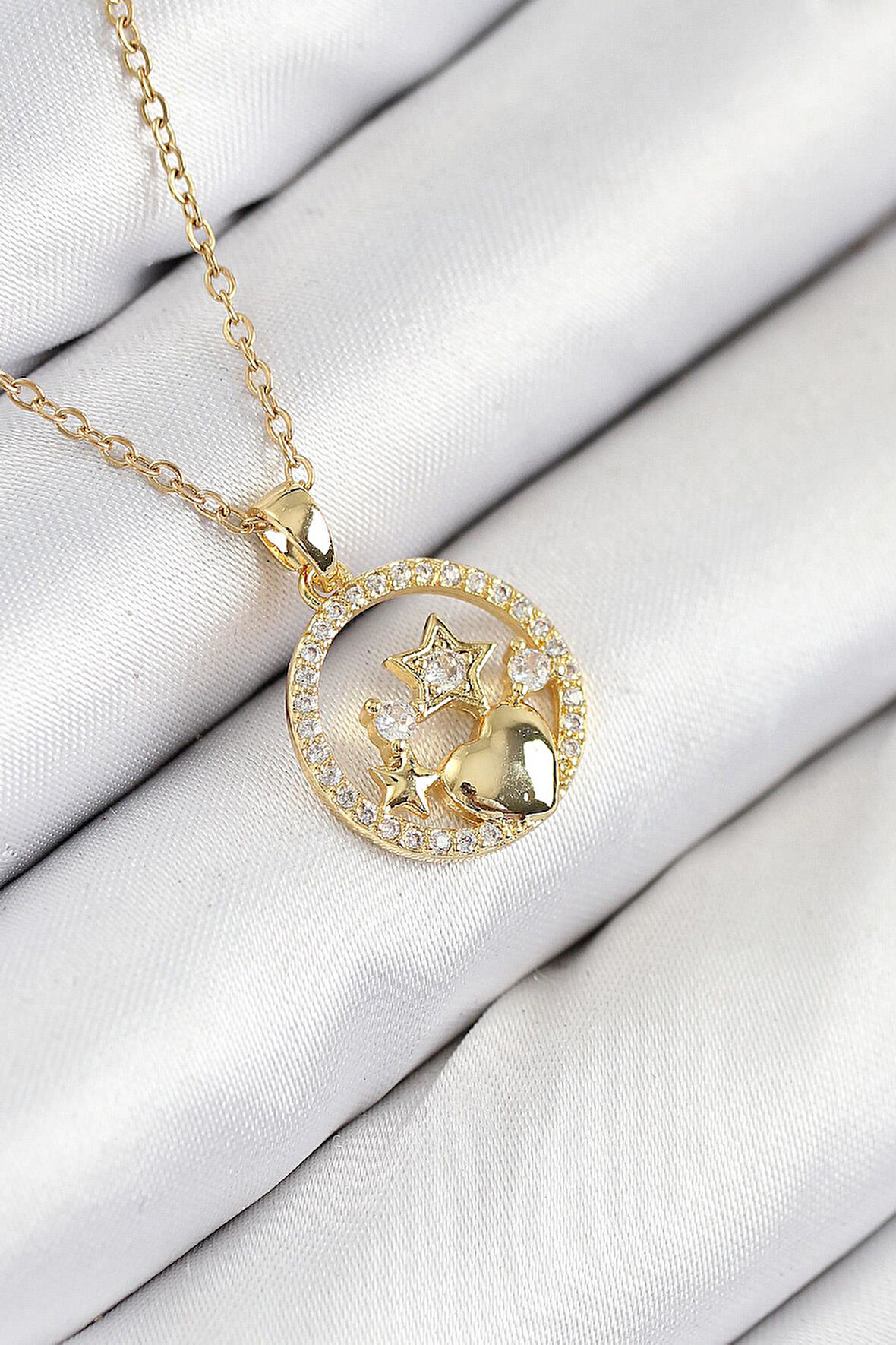 316L Çelik Zirkon Taşlı Yıldız Ve Kalp Model Gold Renk Kadın Kolye - PRT3500EB08754