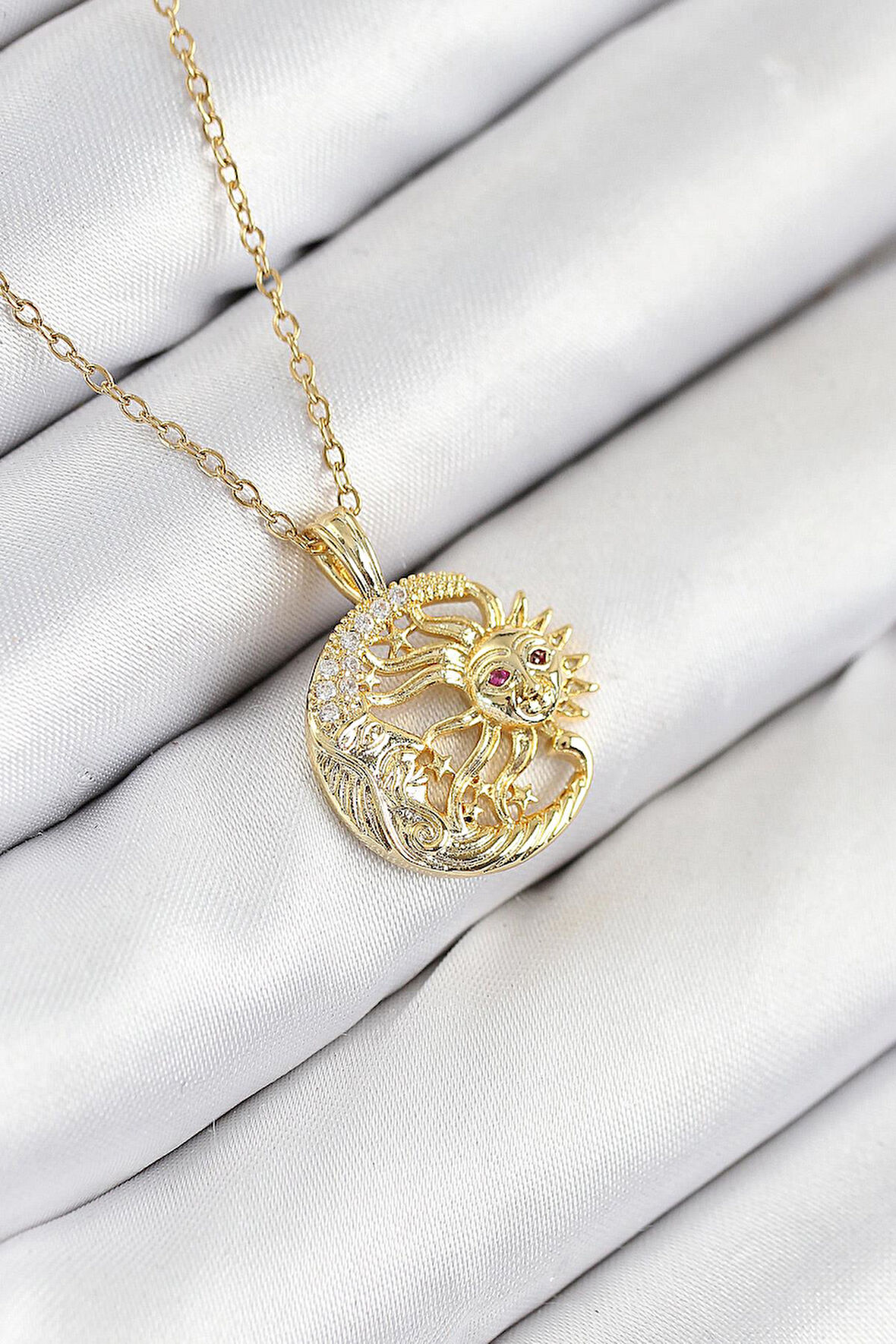316L Çelik Zirkon Taşlı Ay Ve Güneş Model Gold Renk Kadın Kolye - PRT3500EB08770