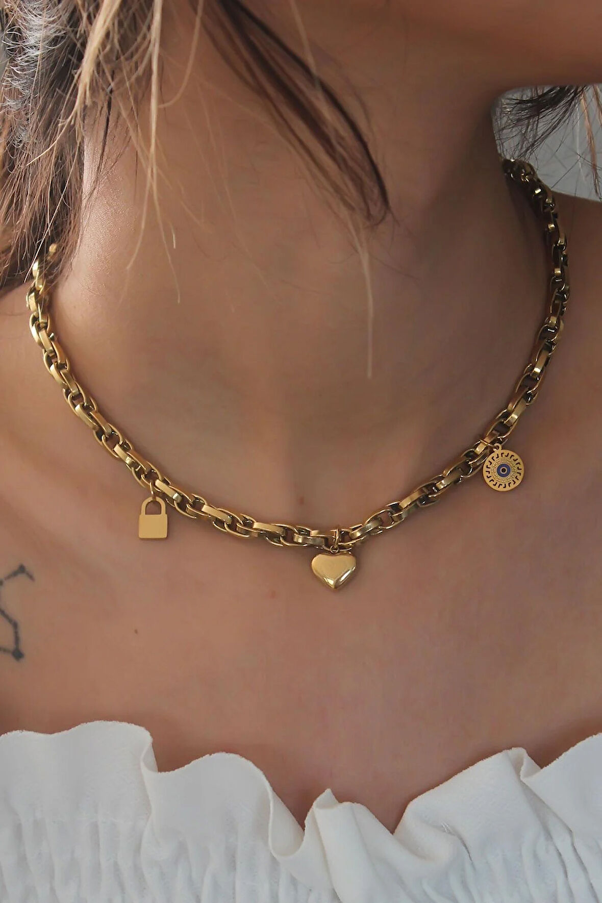 Çelik Gold Renk Kalın Zincir Model Kalp Figür Kadın Kolye - PRT3500EB08904