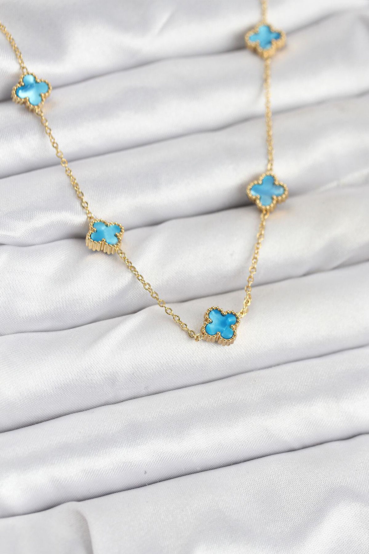 316L Çelik Zincir Gold Renk Buz Mavisi Baby Boy Yonca Kadın Kolye - PRT3500EB08926