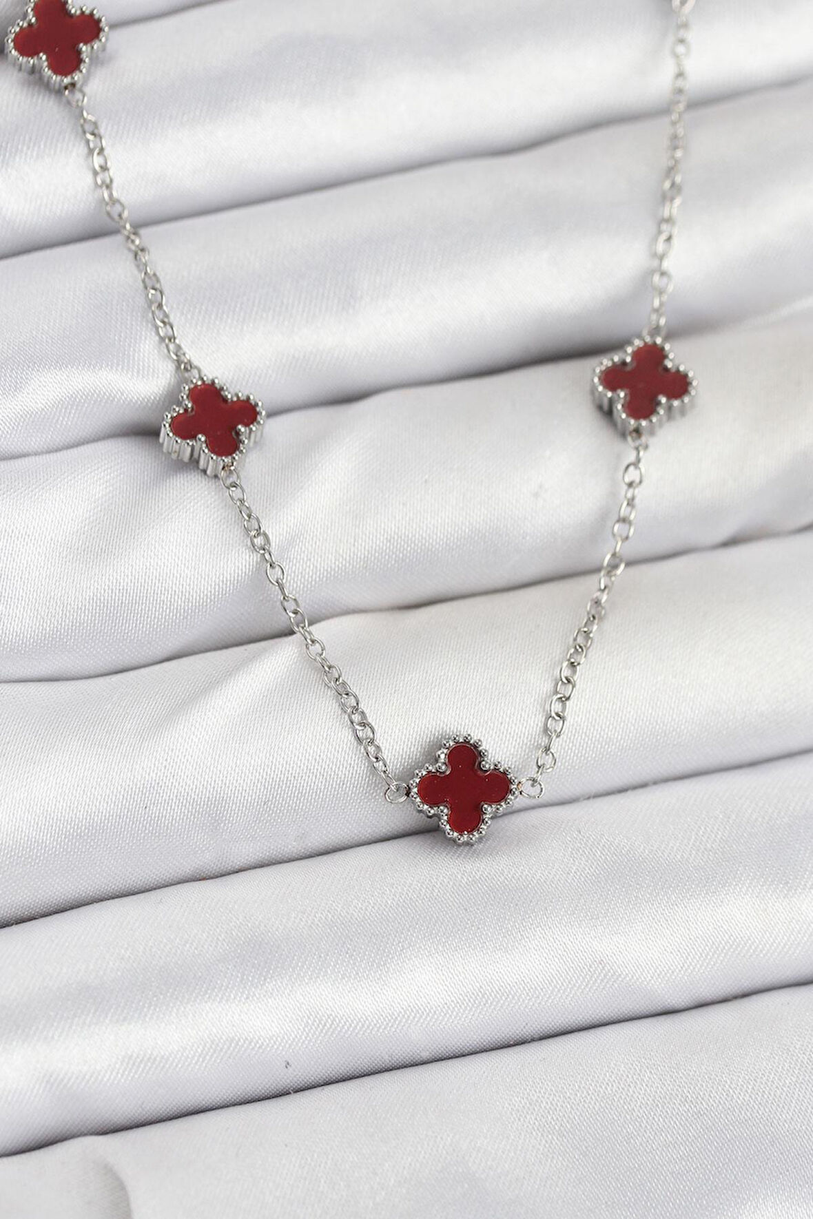 316L Çelik Zincir Gümüş Renk Bordo Baby Boy Yonca Kadın Kolye - PRT3500EB08932
