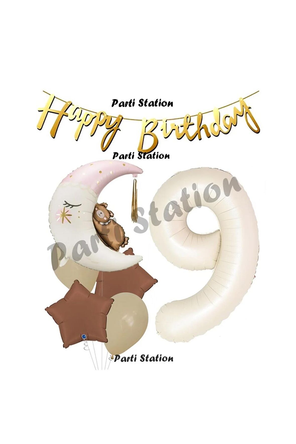 Sevimli Ayıcık Krem Renk Rakam Balon Set 9 Yaş Ay Dede Uyuyan Ayıcıklı Krem Renk Rakam Folyo Balon
