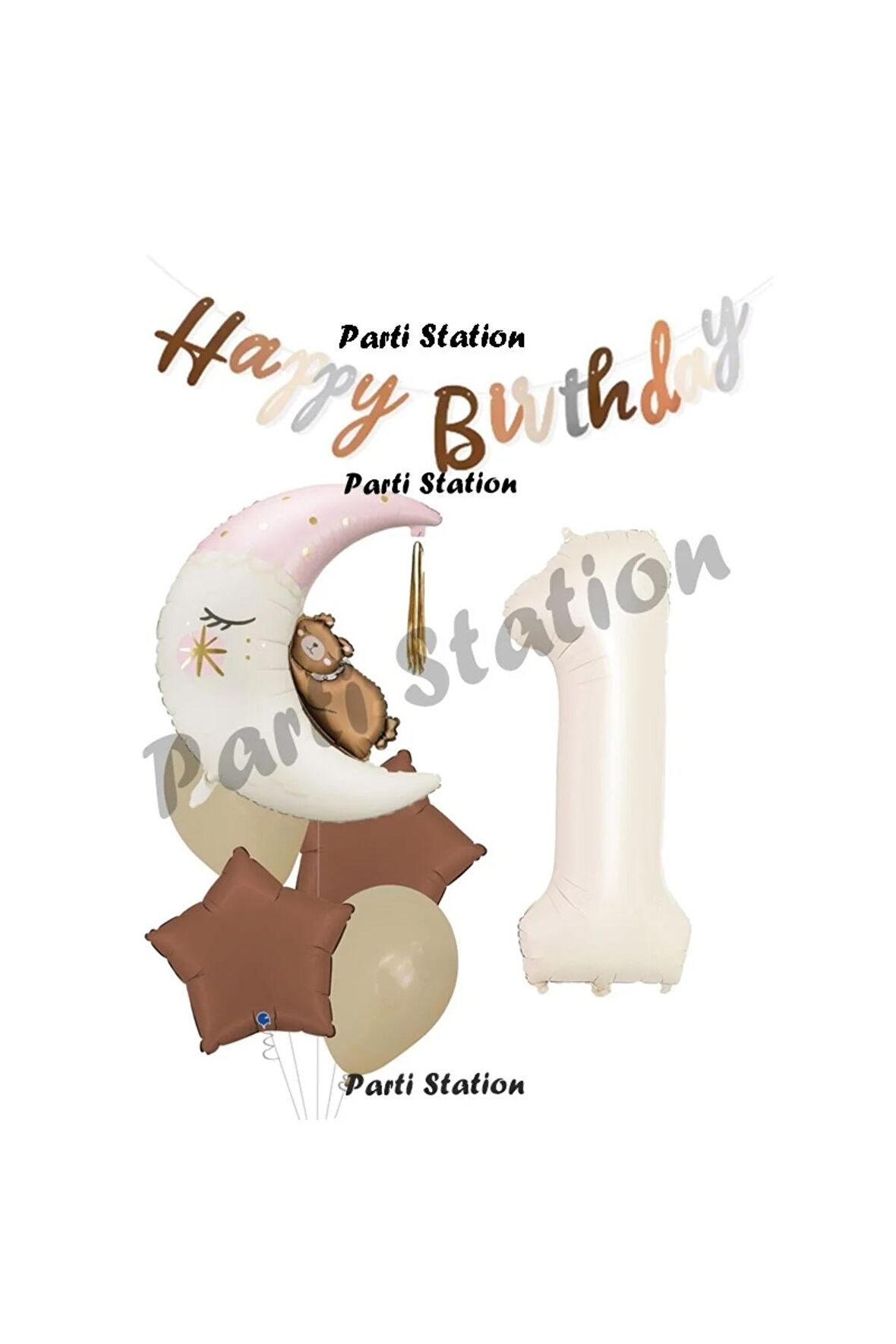 Sevimli Ayıcık Krem Renk Rakam Balon Set 1 Yaş Ay Dede Uyuyan Ayıcıklı Happy Birthday Balon Set
