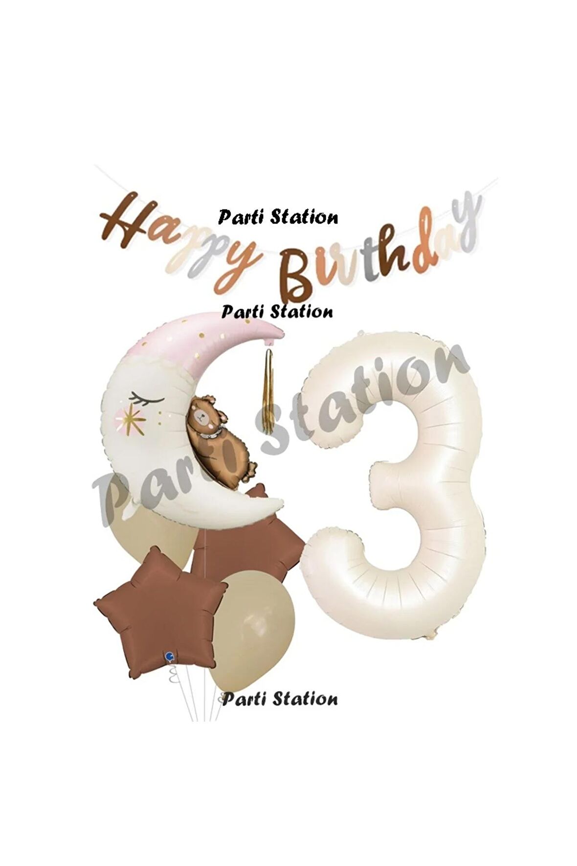 Sevimli Ayıcık Krem Renk Rakam Balon Set 3 Yaş Ay Dede Uyuyan Ayıcıklı Happy Birthday Balon Set