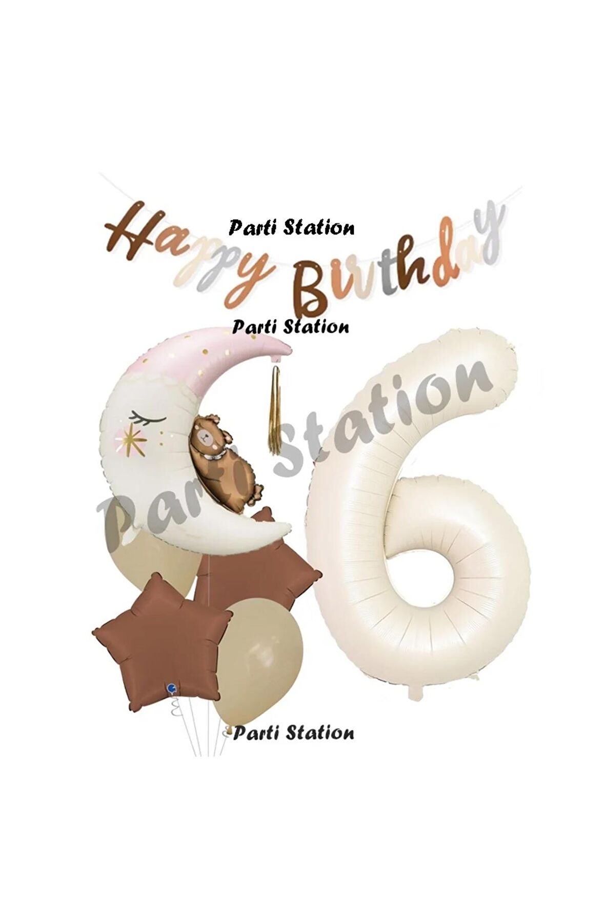 Sevimli Ayıcık Krem Renk Rakam Balon Set 6 Yaş Ay Dede Uyuyan Ayıcıklı Happy Birthday Balon Set