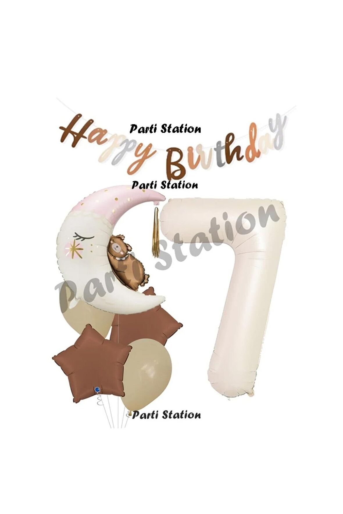 Sevimli Ayıcık Krem Renk Rakam Balon Set 7 Yaş Ay Dede Uyuyan Ayıcıklı Happy Birthday Balon Set