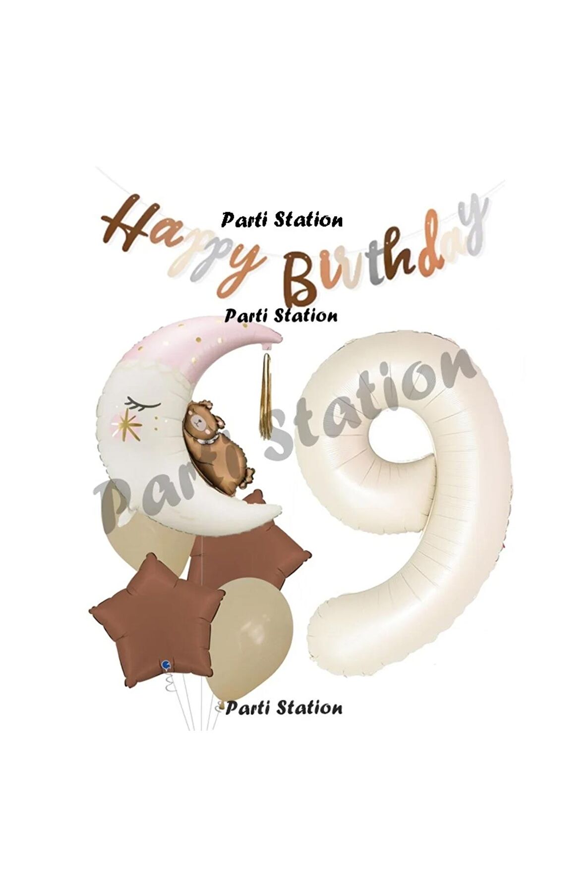 Sevimli Ayıcık Krem Renk Rakam Balon Set 9 Yaş Ay Dede Uyuyan Ayıcıklı Happy Birthday Balon Set