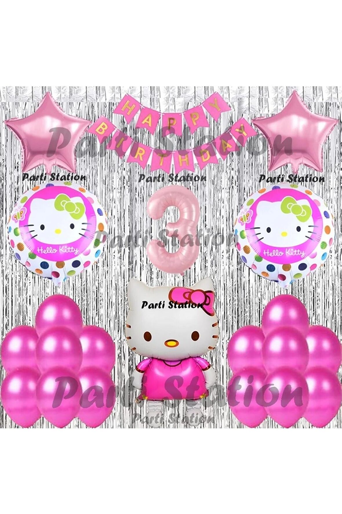 Hello Kitty Balon Set 3 Yaş Hello Kitty Sevimki Kedi Konsept Pembe Rakam Doğum Günü Parti Balon Set