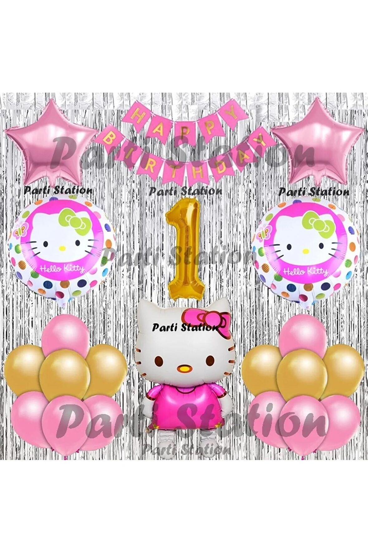 Hello Kitty Balon Set 1 Yaş Hello Kitty Sevimki Kedi Konsept Altın Rakam Doğum Günü Parti Balon Set
