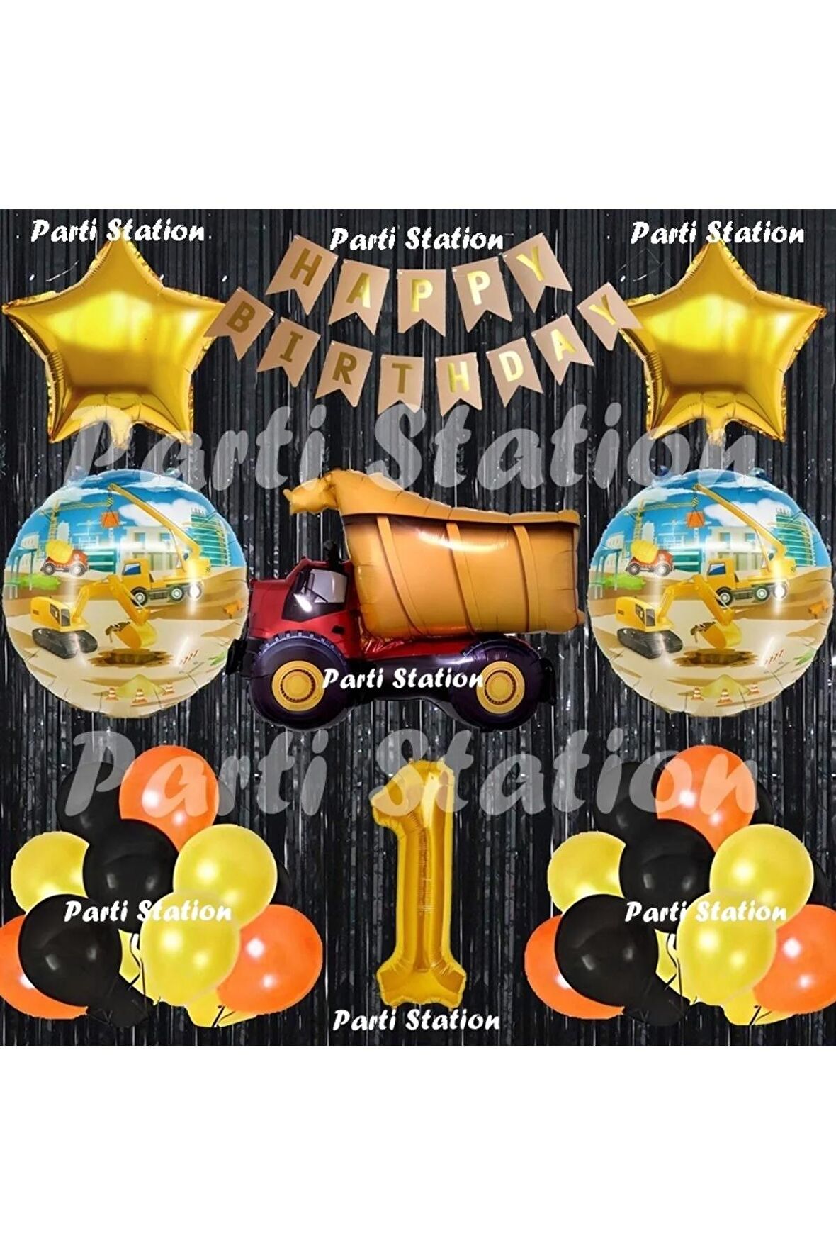 İnşaat Konsept Kamyon Balon Set 1 Yaş Siyah İnşaat Tema Kamyon Doğum Günü Balon Set