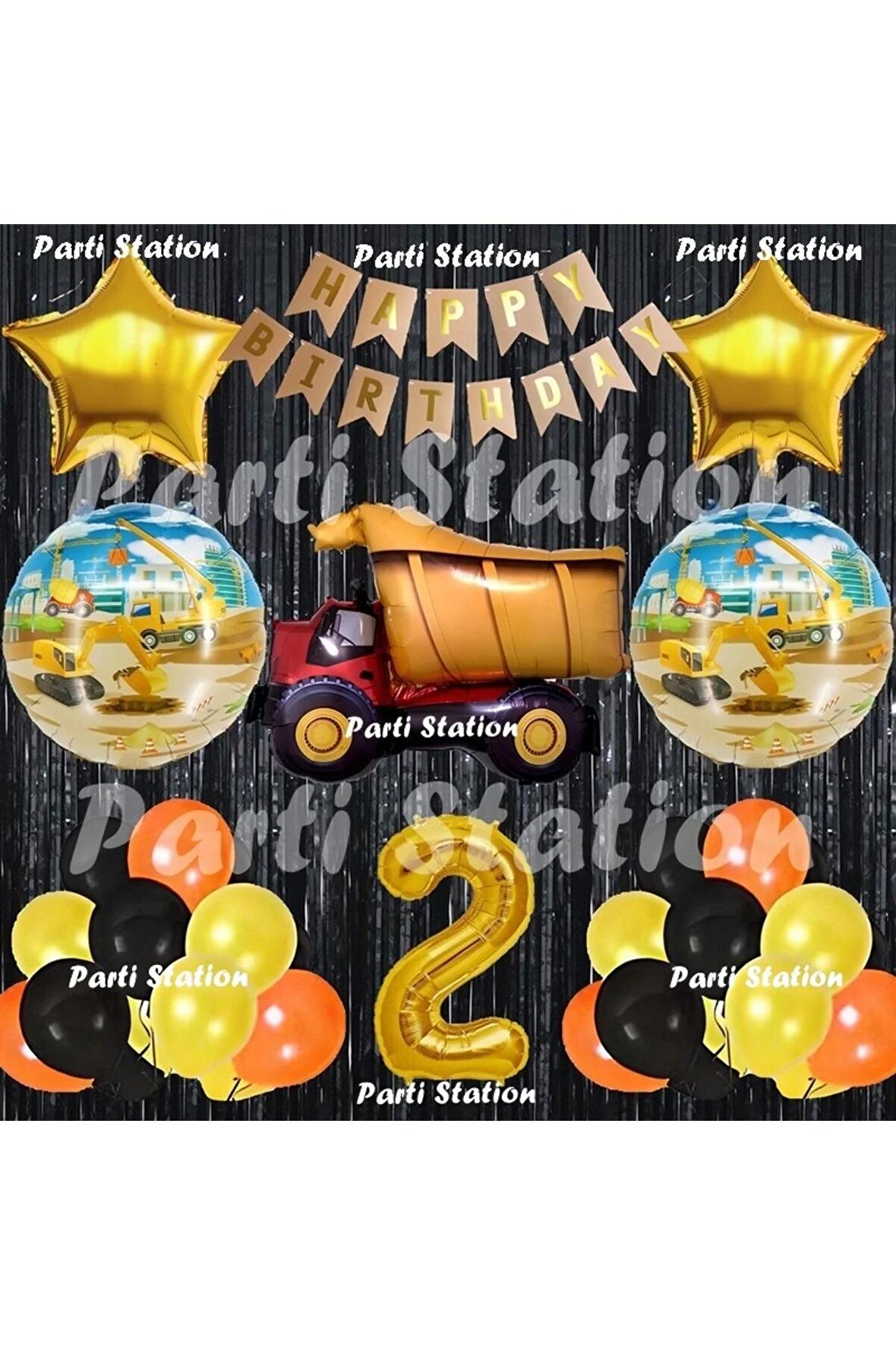 İnşaat Konsept Kamyon Balon Set 2 Yaş Siyah İnşaat Tema Kamyon Doğum Günü Balon Set