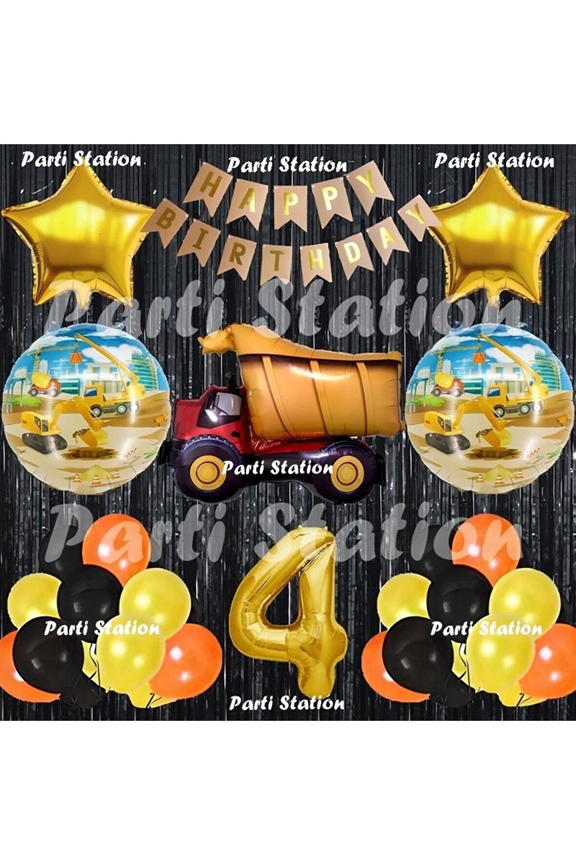 İnşaat Konsept Kamyon Balon Set 4 Yaş Siyah İnşaat Tema Kamyon Doğum Günü Balon Set