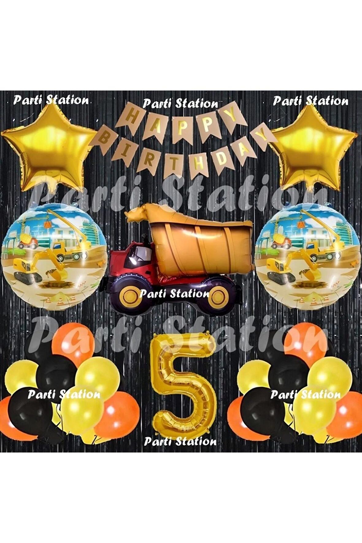 İnşaat Konsept Kamyon Balon Set 5 Yaş Siyah İnşaat Tema Kamyon Doğum Günü Balon Set