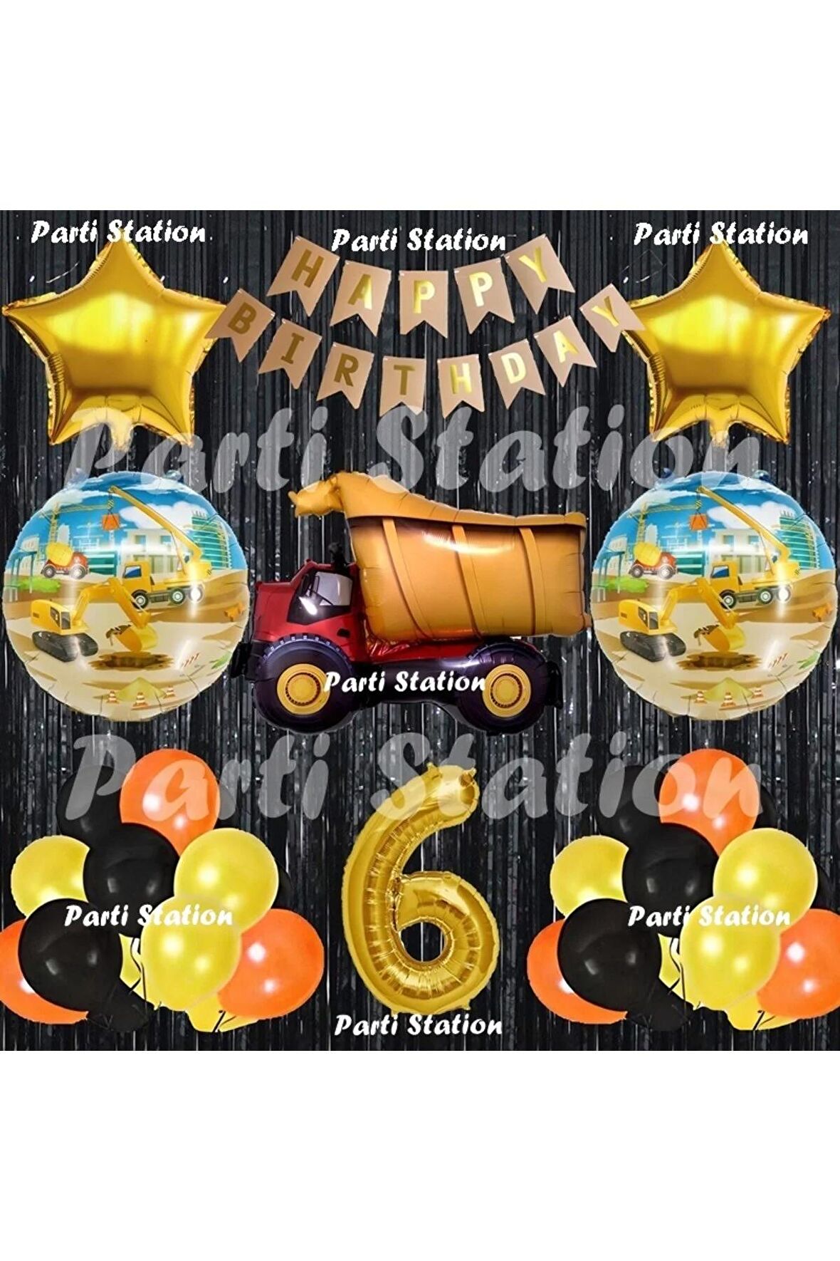 İnşaat Konsept Kamyon Balon Set 6 Yaş Siyah İnşaat Tema Kamyon Doğum Günü Balon Set