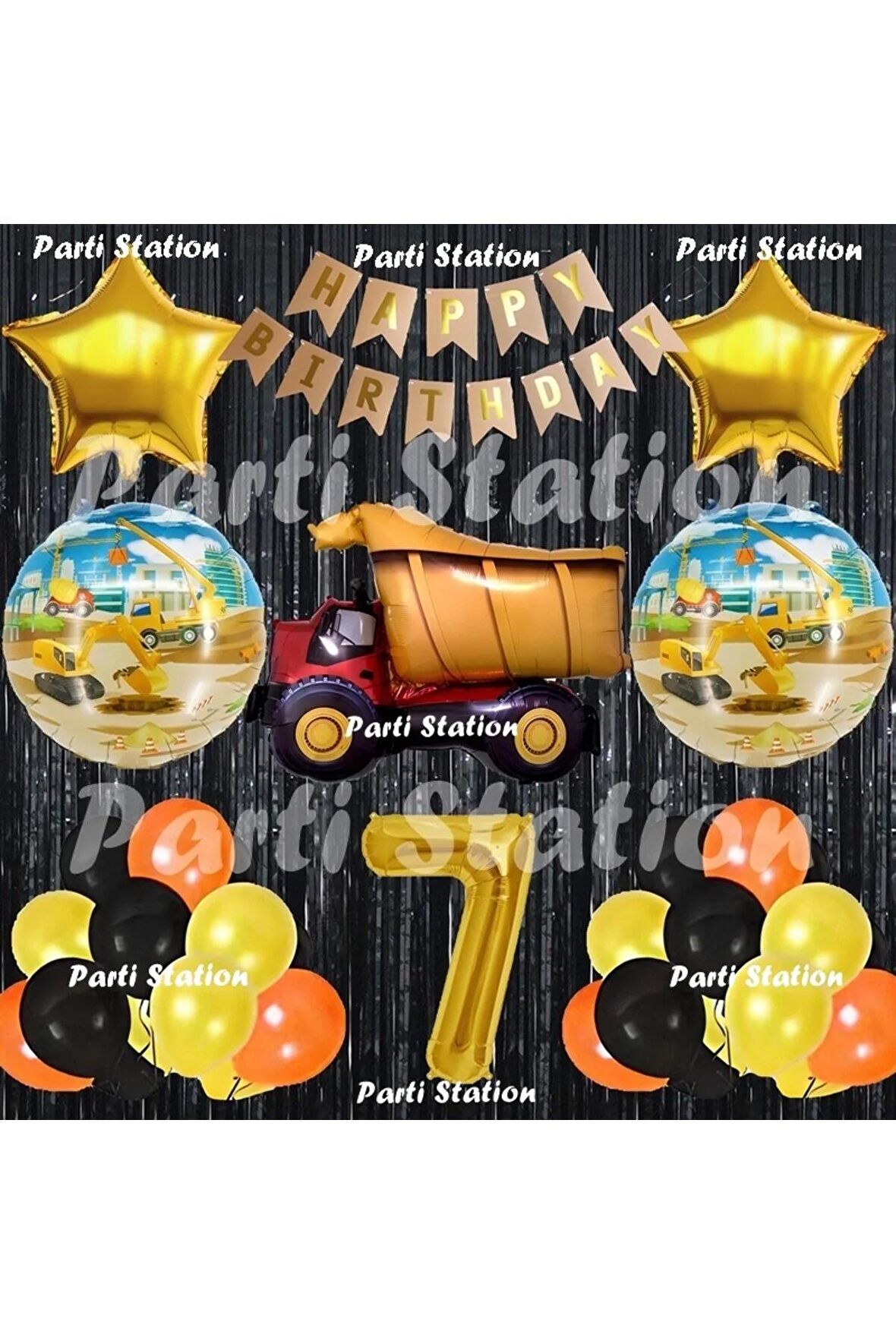İnşaat Konsept Kamyon Balon Set 7 Yaş Siyah İnşaat Tema Kamyon Doğum Günü Balon Set