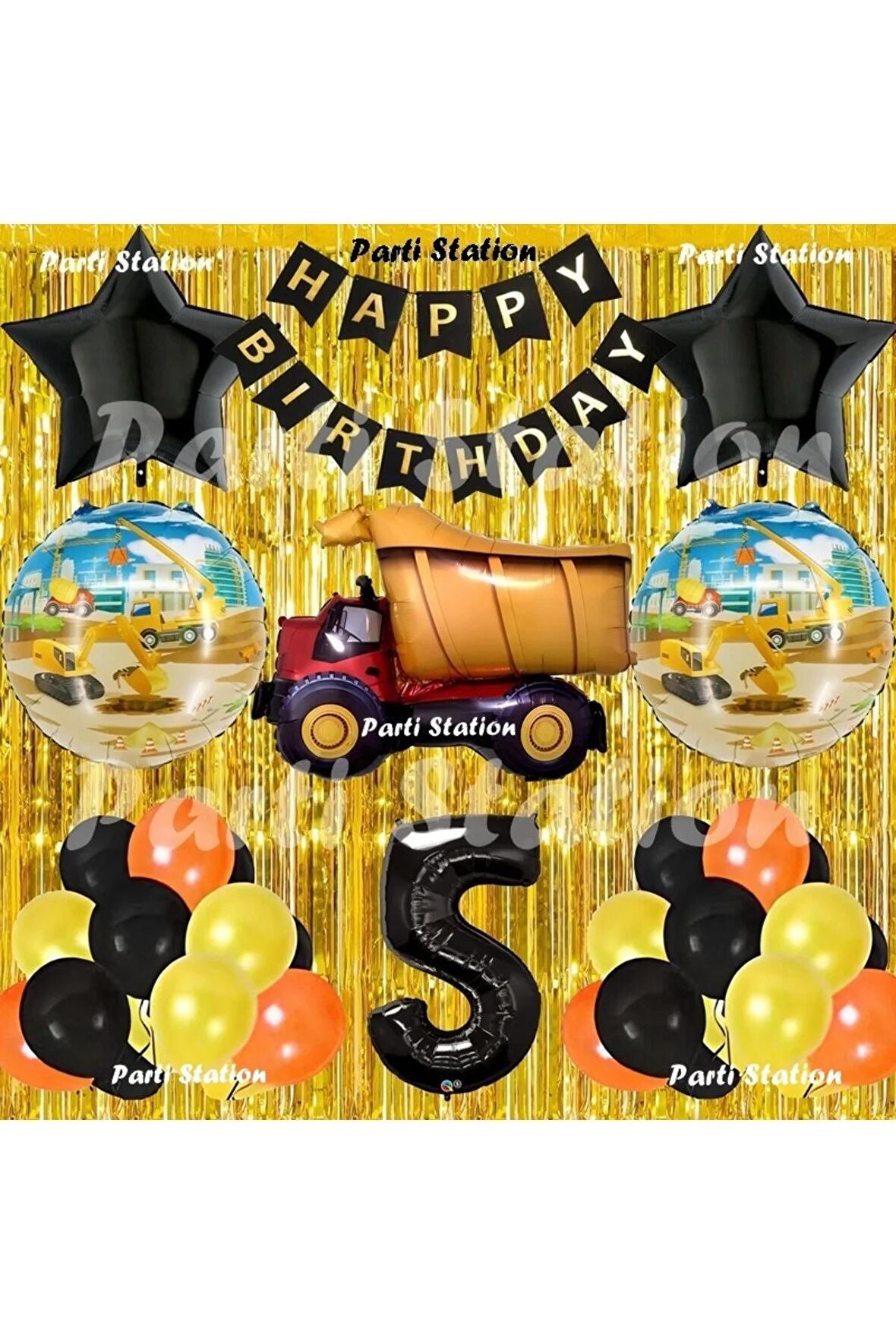 İnşaat Konsept Kamyon Balon Set 5 Yaş Sarı Siyah İnşaat Tema Kamyon Doğum Günü Balon Set