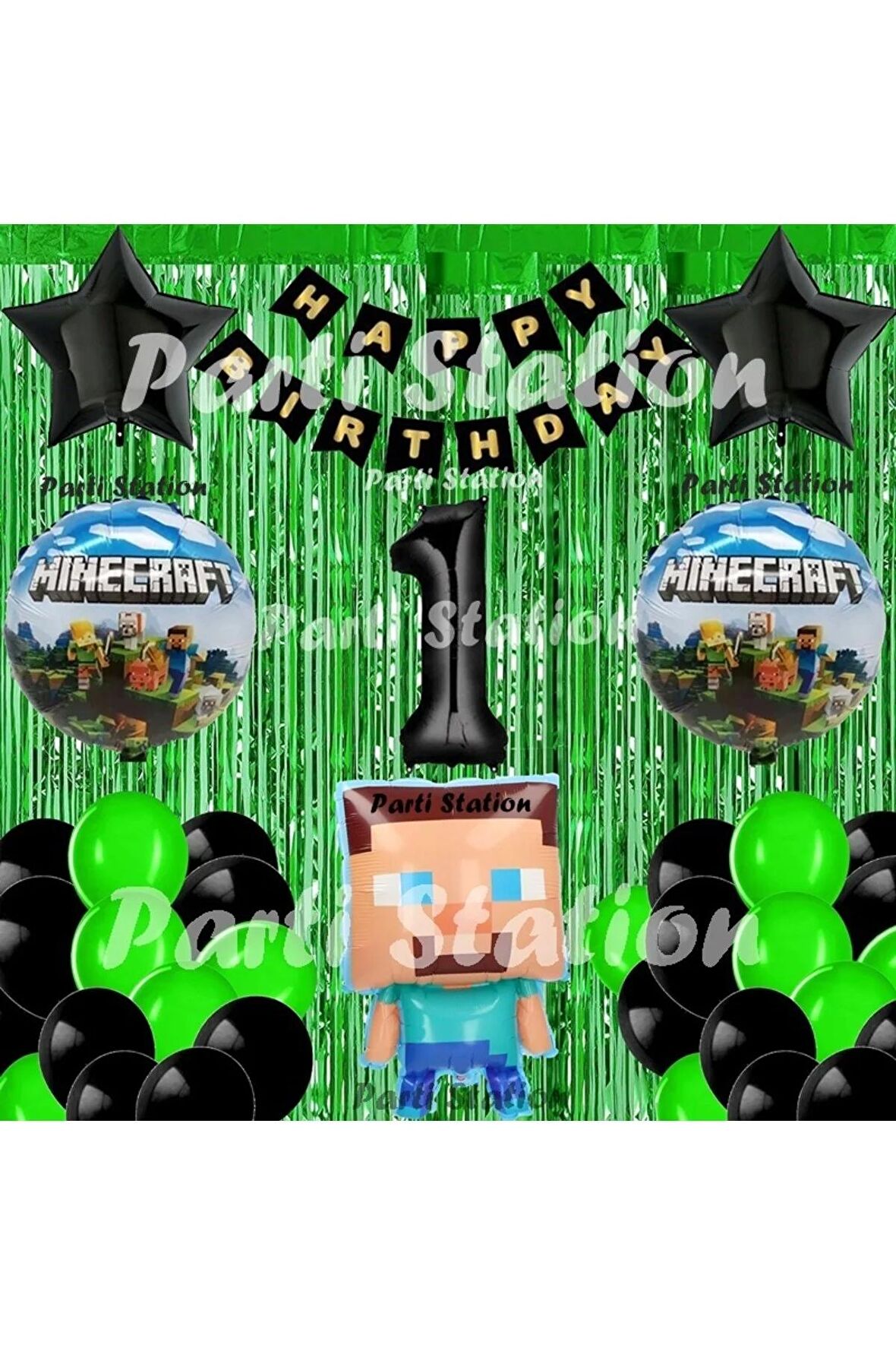 Minecraft Balon Set 1 Yaş Minecraft Oyun Yeşil Konsept Doğum Günü Parti Balon Set