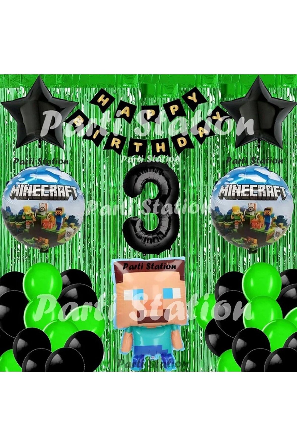 Minecraft Balon Set 3 Yaş Minecraft Oyun Yeşil Konsept Doğum Günü Parti Balon Set