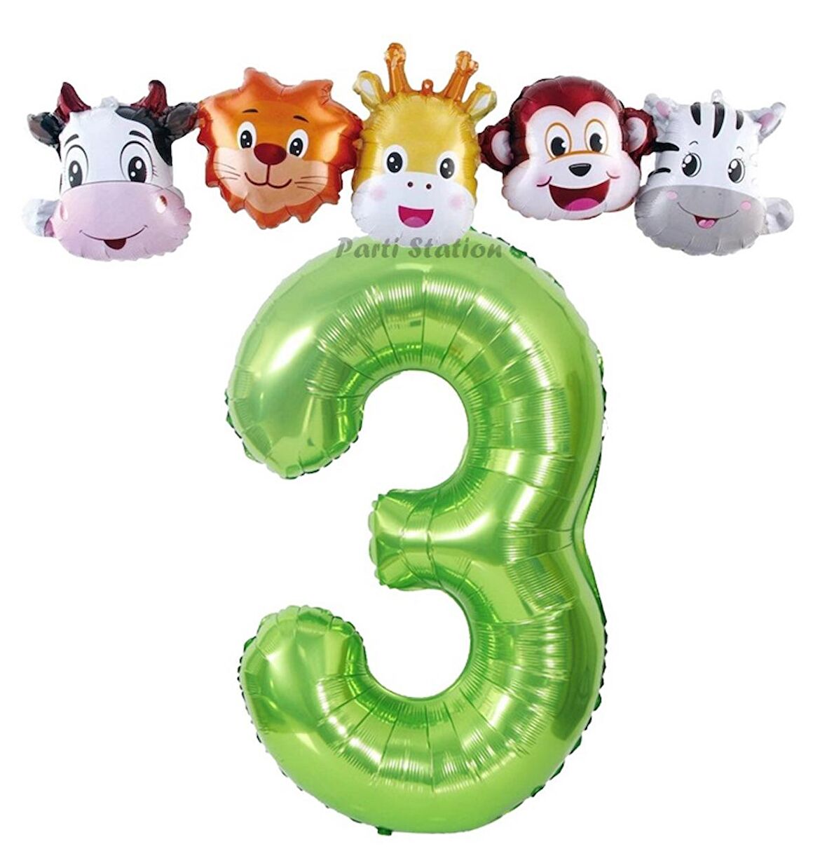 Yeşil Renk Rakam Balonlu Safari 3 Yaş Doğum Günü Parti Balon Set Safari Hayvanlar Tema Parti